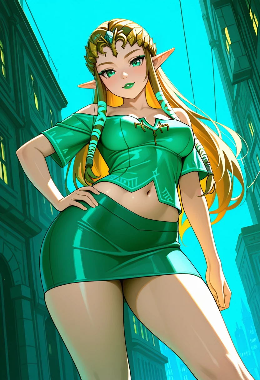 1girl, solo, (Legend_of_Zelda, Princess Zelda (Twilight Princess), Legend of Zelda: 1.3), (Thicc Thighs: 1.3), (Thicc Calves: 1.3), (Slightly Plump: 1.2), petite, Curvy, (Green Lipstick: 1.3), (Medium breasts: 1.3), (Teal Off Shoulder Midriff Short Sleeve Shirt: 1.3), (Teal Lowleg Micro pencil skirt: 1.3), (Teal Stiletto high heels: 1.3), (Standing, contrapposto, hand on hip, in a city alleyway: 1.3), (From Front Angle: 1.7), Cowboy Shot: 1.3, Eyes Open, seductive expression: 1.3, (nv-celestialskin), Dark Lighting, Lowkey Lighting, Dark Colors, highly detailed masterpiece, High_Resolution_Textures, (stunning design:1.2), (stunning concept design), Intricately_Detailed_design, Legendary_masterpiece, Realistic_texturing, ultra_soft_texturing, Complex_texturing, Insanely_Flawless_Details, Legendary_Details, Full_Color_scheme, Detailed_color_scheme, Complex_colors, Complex_details  <lora:Earthbound_-_Takeda_Aranobu_Artist_Style_-_IllustriousXL:1>