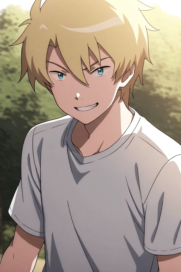 masterpiece, absurdres, newest, perfect quality, best quality, absolutely eye-catching, amazing quality, very aesthetic, high resolution, ultra-detailed, 1boy, male, male focus, solo, yamato_ishida_tri, blond hair, blue eyes, casual clothes, looking at viewer, smiling, dynamic pose, detailed background, outdoors, volumetric lighting, day, vibrant colors