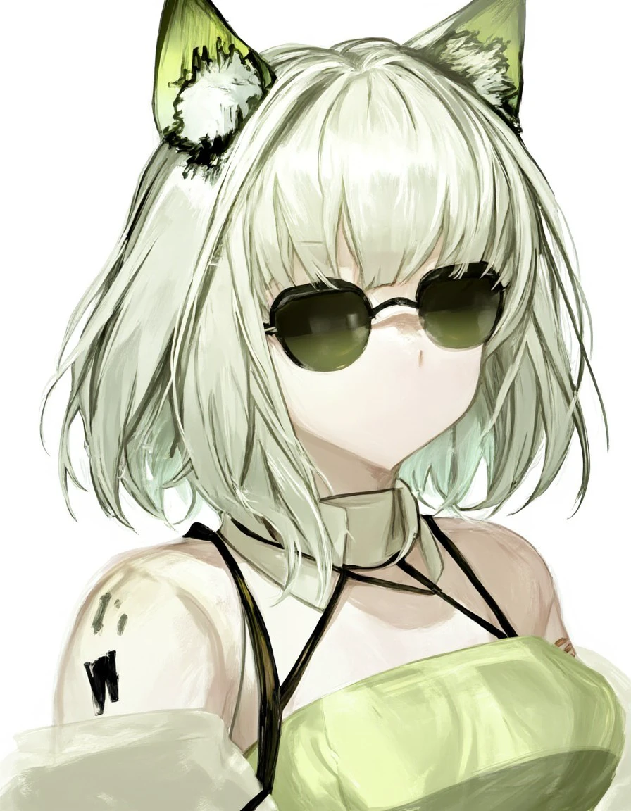 <lora:kaltsit-from-arknights-fluxv1:1.5> Kaltsit
Kaltsit has light green or bluish short hair with soft bangs and integrated cat ears. She has striking green or yellow eyes and fair, glowing skin. Her expression is serious, intense, and melancholic, often conveying strength and hidden vulnerability. She wears sunglasses and she is very tired.