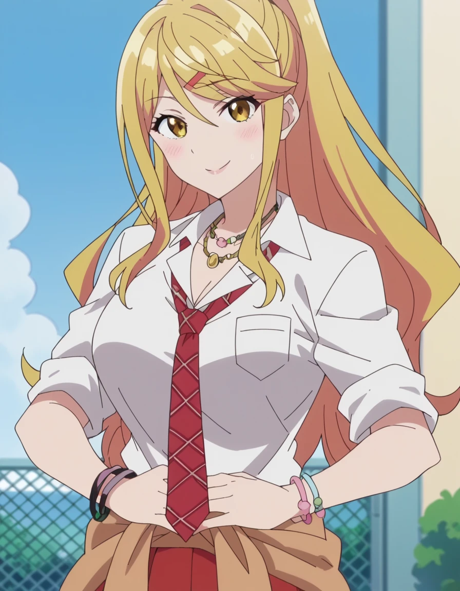 score_9, score_8_up, score_7_up, source_anime, <lora:himari-ishikura-alpha-ponyxl-lora-nochekaiser:1>, himari ishikura, long hair, bangs, blonde hair, large breasts, hair ornament, yellow eyes, ponytail, hairclip, high ponytail, large breasts, anime screencap, skirt, shirt, jewelry, school uniform, white shirt, necktie, collared shirt, necklace, bracelet, red skirt, red necktie, clothes around waist, gyaru, backyard, barbecue, grilling, laughter, summer evening, smile, hands on stomach, blush,, looking at viewer, solo,, cowboy shot, solo