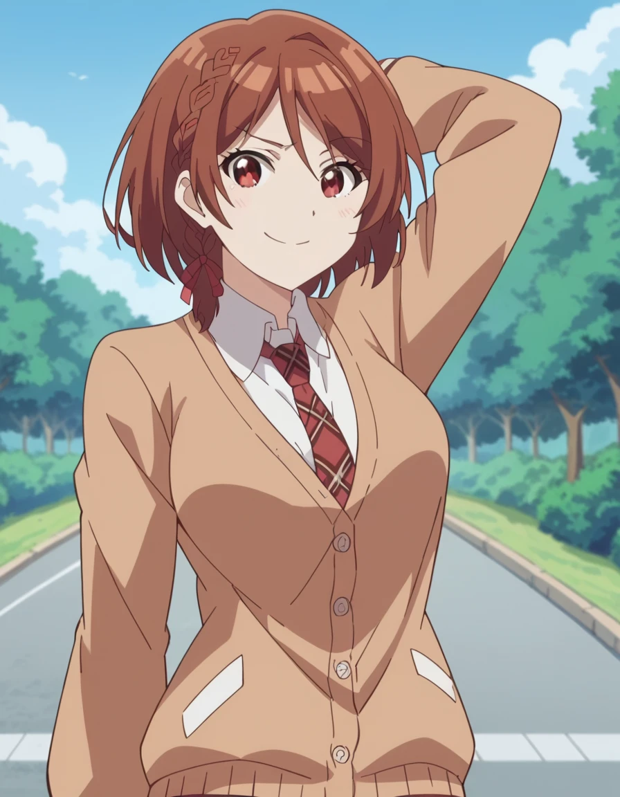 score_9, score_8_up, score_7_up, source_anime, <lora:akane-sakuramori-alpha-ponyxl-lora-nochekaiser:1>, akane sakuramori, short hair, brown hair, red eyes, braid, hair ribbon, medium breasts, anime screencap, skirt, shirt, long sleeves, school uniform, necktie, collared shirt, plaid, red skirt, cardigan, red necktie, brown cardigan, plaid necktie, yellow cardigan, bridge, connection, water, road, cars, smile, hand behind head, , looking at viewer, solo,, cowboy shot, solo