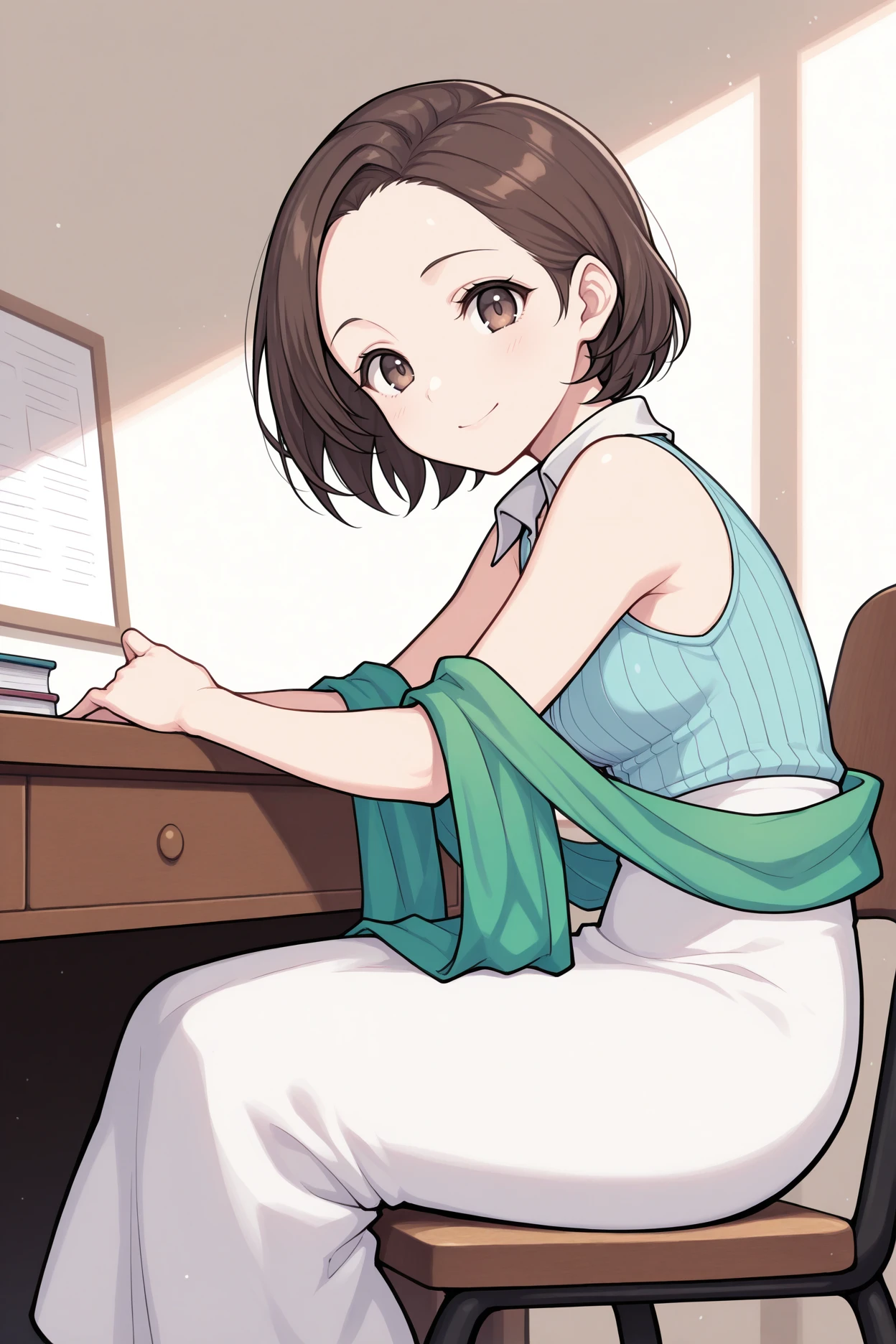 masterpiece, best quality, 1girl, solo, <lora:ffellone-illu-nvwls-v1-000007:1> ffell, brown hair, short hair, brown eyes, light blue shirt, ribbed shirt, sleeveless shirt, green shawl, white skirt, long skirt, smile, sitting, chair, desk, from side, forehead, looking at viewer,smile