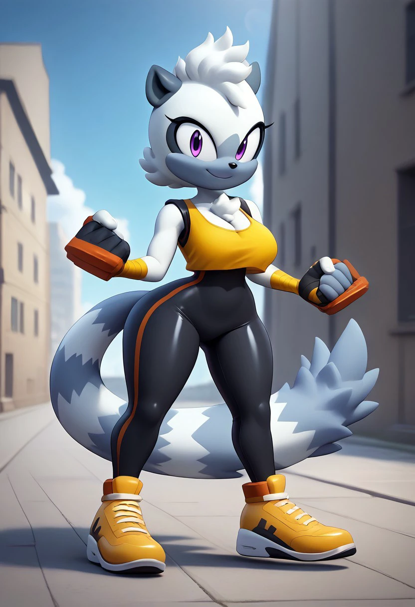 score_9, score_8_up, score_7_up, (best quality, adorable), ultra-detailed, high resolution, 8k, 1girl, Tangle the Lemur, gray fur, purple eyes, long white and gray tail, yellow crop top, black bodysuit, yellow shoes, smile, :D, arm pumped, city, blue sky, ((big breasts, voluptuous, thick thighs, skinny, curvy, busty, high quality, masterpiece, wide hips)), BREAK outside, Rich, Detailed background, ambient light