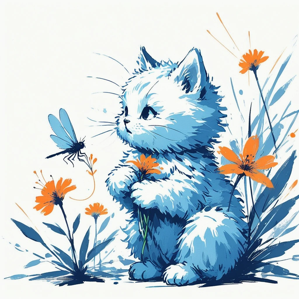 Special Ink-drawing mode, soft lighting with dynamic highlights. animeniji, A kitten sniffs a flower on which a dragonfly is sitting
