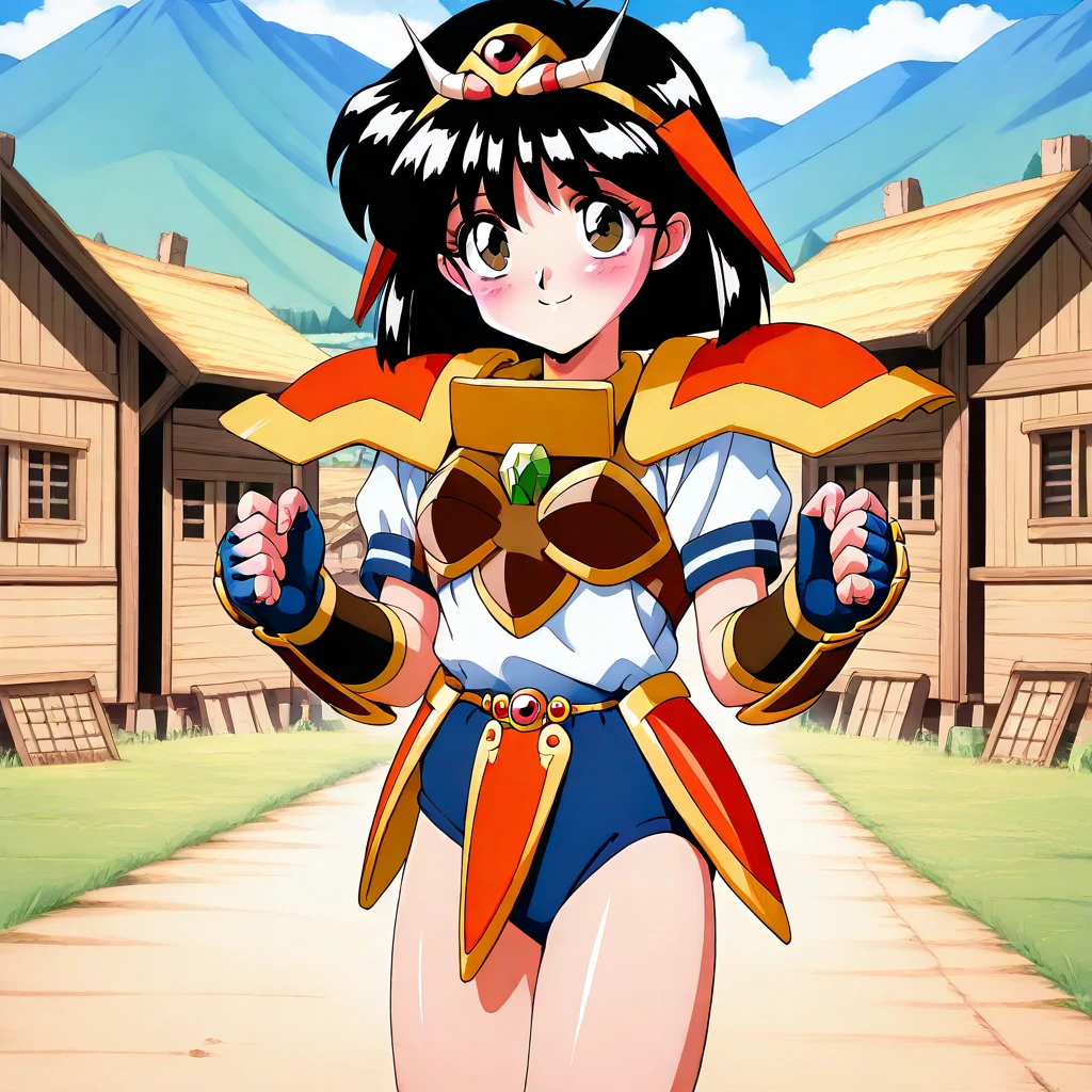 "(masterpiece:1.1), best quality,
1girl, (traditional media 80s:1.4), (eyelashes:1.5), (loli:1.2),
(intricate high detailed body:1.2),
(black hair:1.1), (bangs:1.1), (long hair, drill hair:1.2), (demon horns:1.1),
red eyes, (lip stick:1.2),
(pale skin:1.2), (slim body:1.1), (medium breasts:1.1),
(grin:1.2),
(bikini armor, garter belt:1.2), (knight armor, armored boots:1.2),
(hoop earrings:1.1), hand cuffs,
standing, (dynamic pose, action pose, leaning forward:1.2),
(upper body, cowboy shot, looking at viewer:1.1),
(daytime, grassland, outdoors:1.1)"