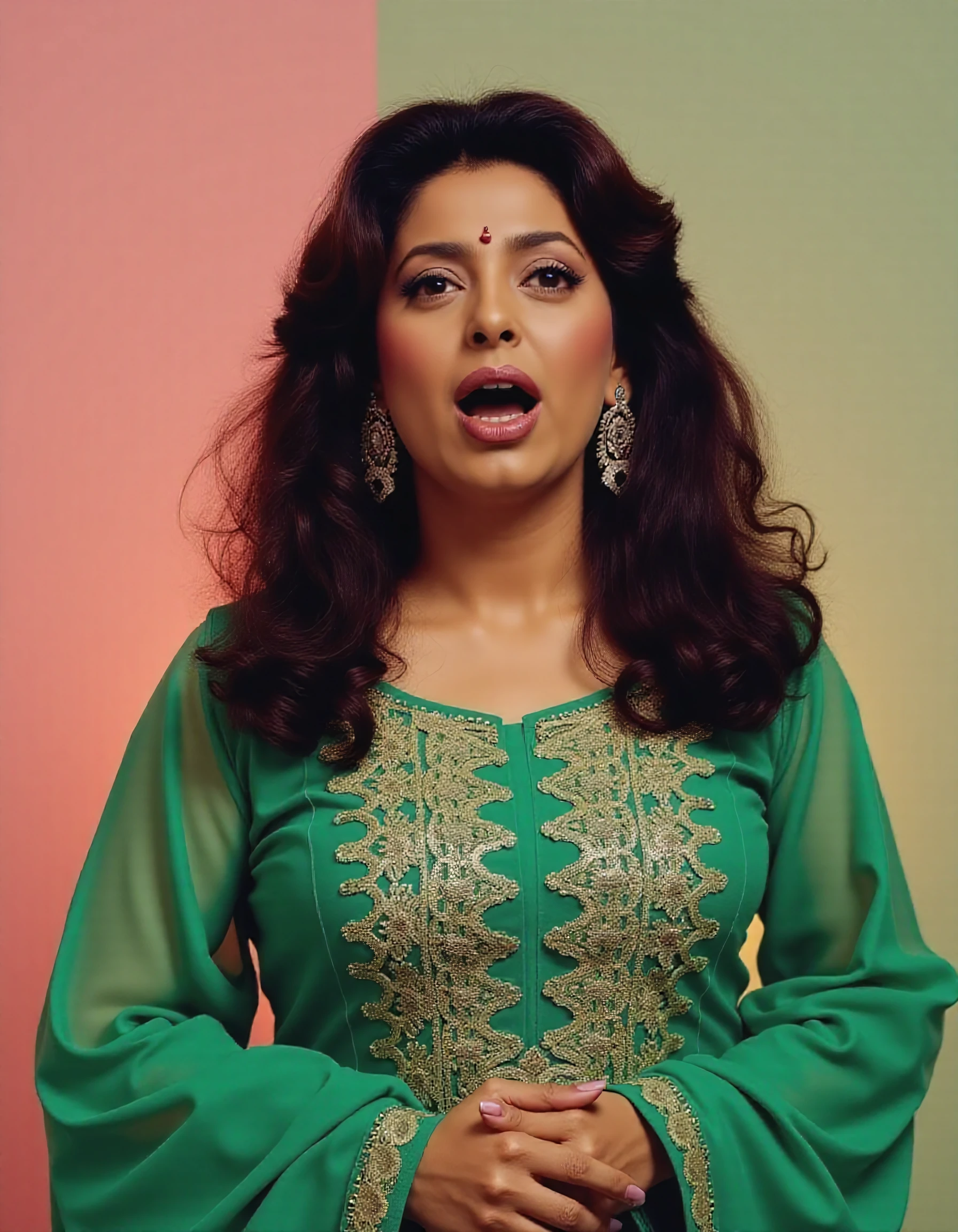 from front photo of Juhi Chawla woman,hyper realistic candid photo, shouting,studio quality, wearing intricate conservative long sleeved Emerald Salwar Kameez, curls, pastel shaded multicolored background, cinematic lighting <lora:Juhi_Chawla_Flux_Kohya_V1-000005:1>âââ