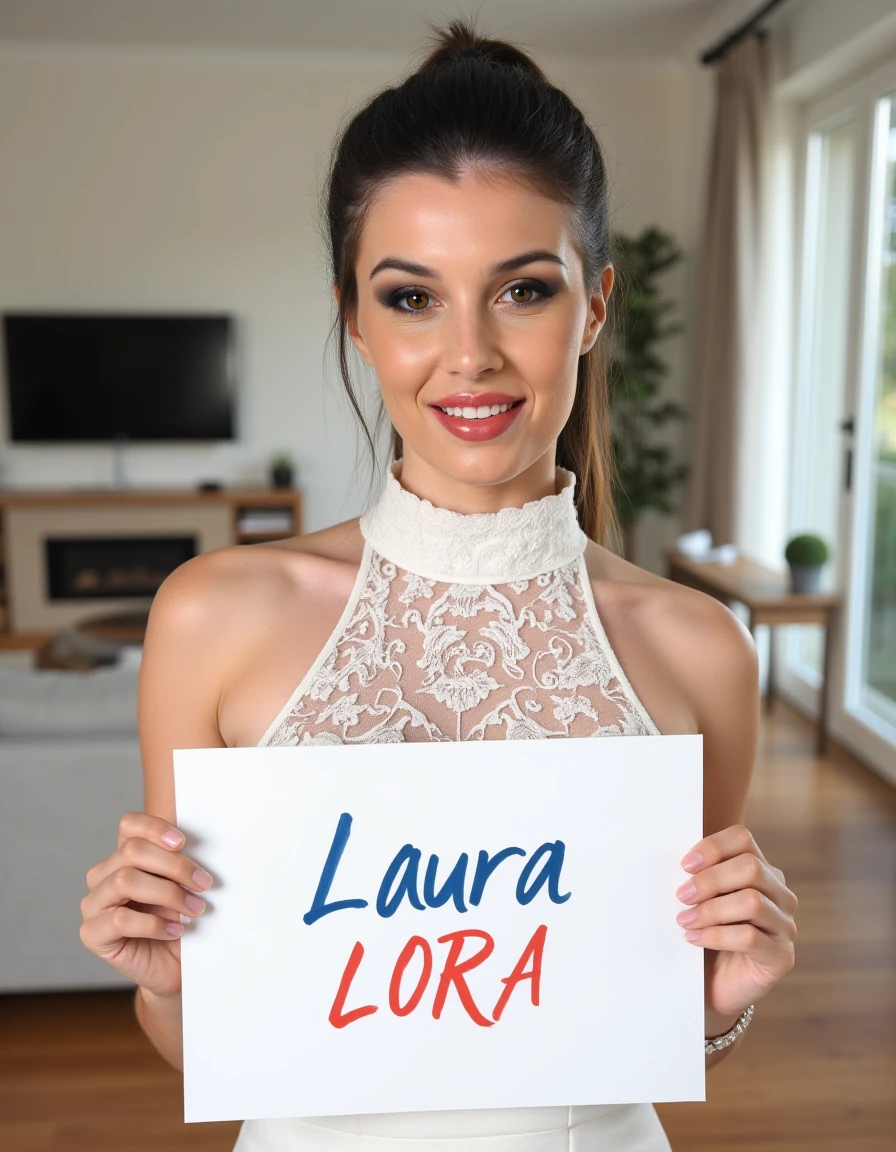 High quality photo of a beautiful woman with a ponytail in a high neck wedding dress, the bride is holding a sign with "Laura LoRA" in red and blue letters. She is smiling and looking at viewer. In the background a modern living room