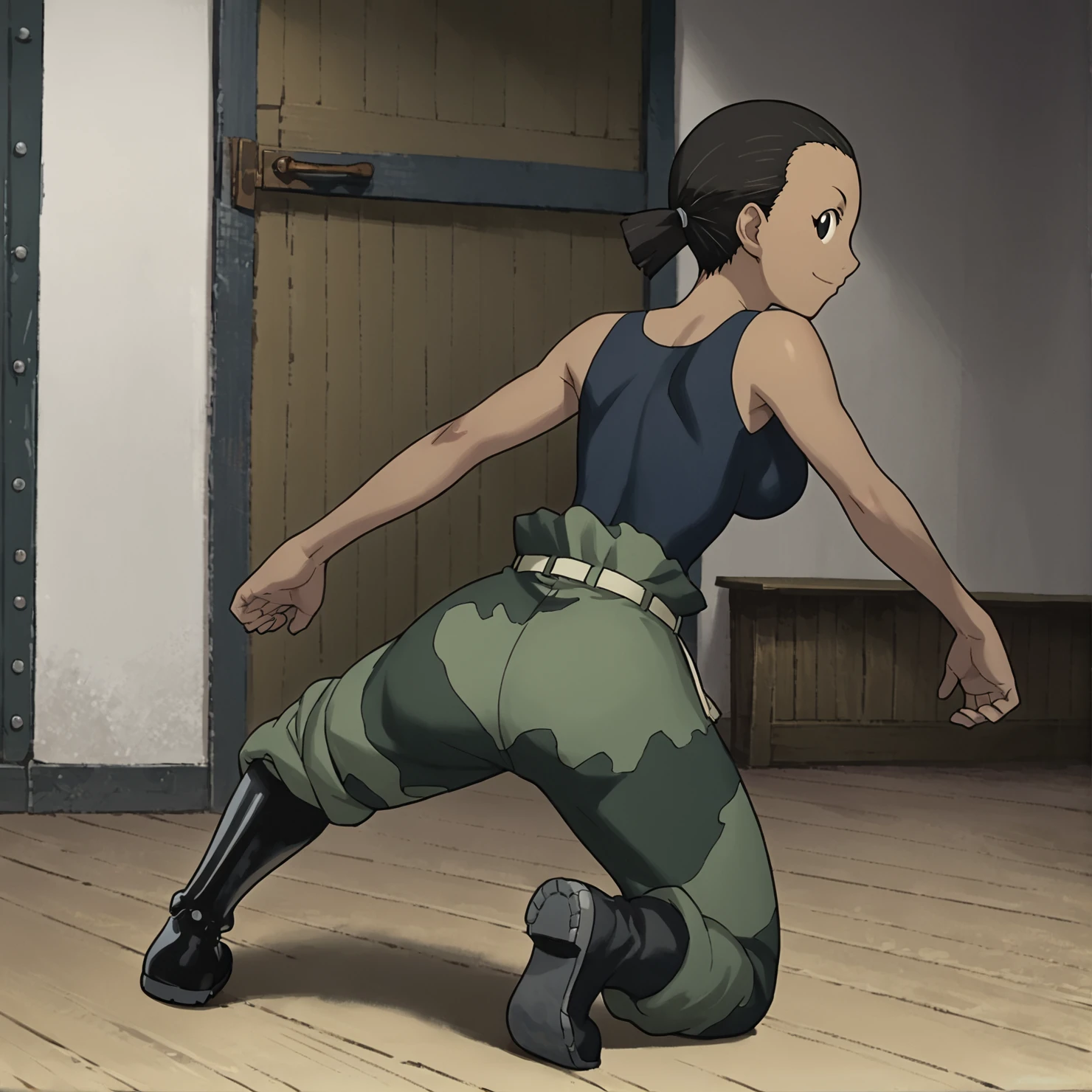 score_9, score_8_up, score_7_up, 1girl, solo, source_anime, aninyaFMA, dark-skinned female, tank top, black hair, black eyes, ponytail, <lora:PaninyaFMA:1>  prosthetic leg, camouflage, boots, dynamic pose, looking at viewer, smiling, big breast, from behind, looking back, ass,