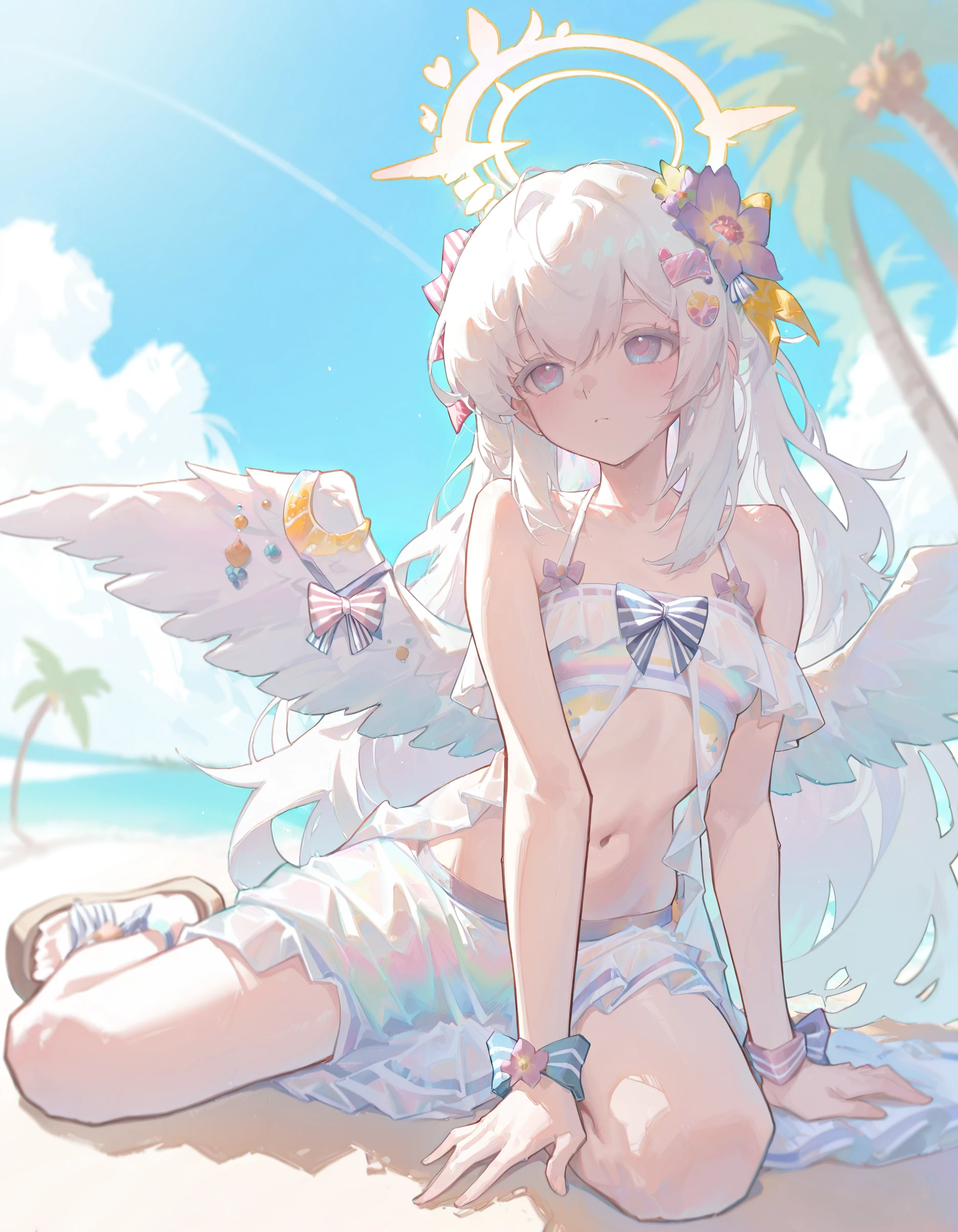 masterpiece, best quality, very aesthetic,newest, very awa,Y4ungpeng_illu, <lora:Y4ungpeng_style:1>,1girl, hair ornament, wings, hair flower, flower, solo, long hair, sitting, white hair, palm tree, halo, sandals, tree, bangs, outdoors,pastel colors, iridescent, blurry, soft_light,sunny