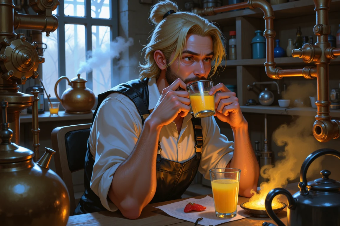 Industrial laboratory setting: Inventor sits amidst whirring gears, pipes, and copper tubes, sipping juice from a metallic glass with a silver rim. Steam rises from a kettle in the background, casting a warm glow on the scene. The inventor's face is illuminated by the soft light, showcasing their thoughtful expression as they gaze at the machinery.,illustrious_style