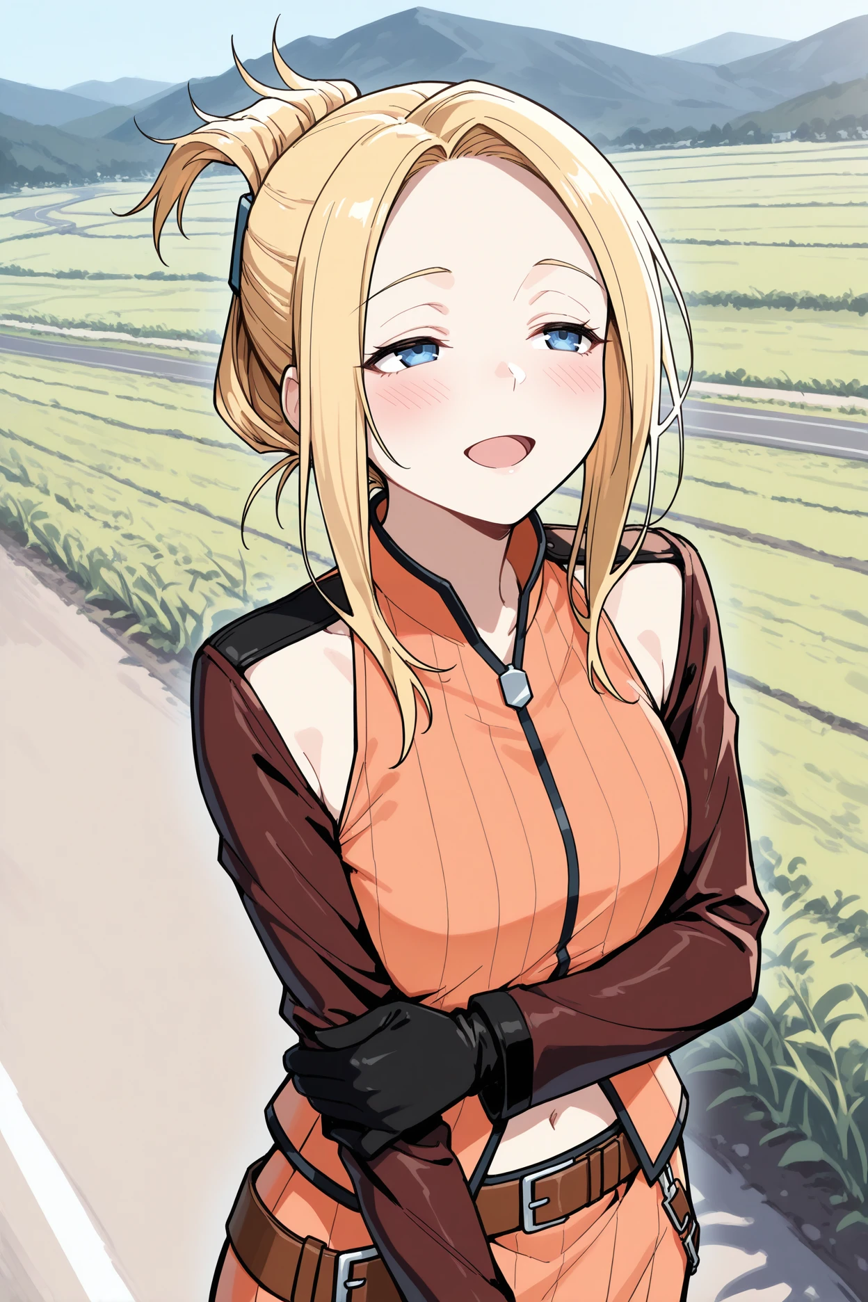 masterpiece, best quality, 1girl, <lora:ffquistis-illu-nvwls-v1-000006:1> ffqsts, blonde hair, folded ponytail, blue eyes, detached sleeves, orange shirt, sleeveless shirt, navel, orange skirt, brown belt, gloves, happy, half-closed eyes, open mouth, blush, road, field, looking to the side, looking up, holding own arm