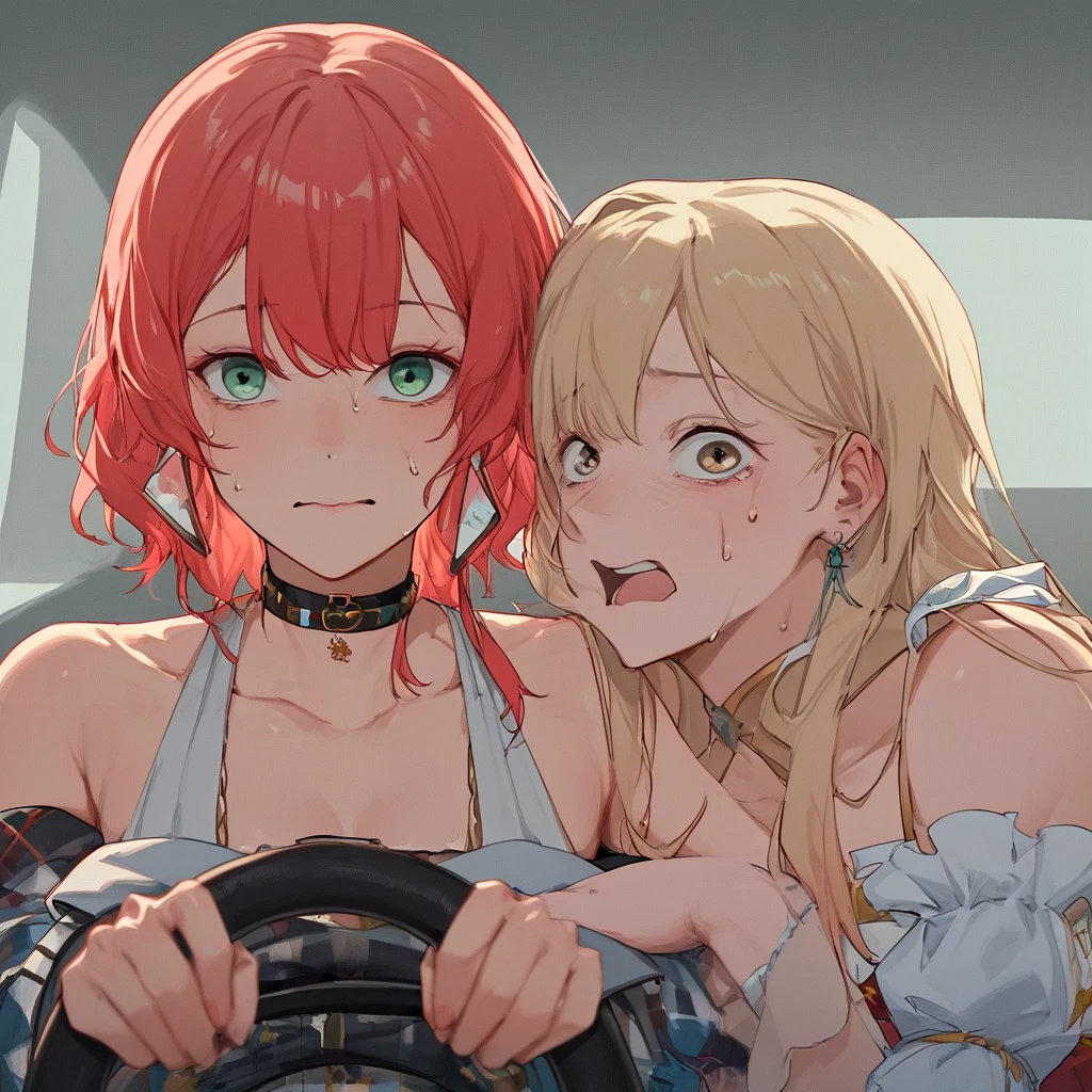 score_9, score_8_up, score_7_up, highres, 2girls, hololive, gawr gura, watson amelia, multiple girls,power crashes kobeni's car (meme), car interior, holding, steering wheel, look at viewer, crying with wide eyes open, nervous sweating, from front, <lora:power_crashes_car_meme_PONY:1>