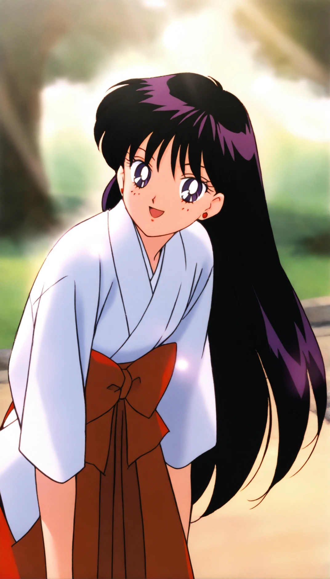 masterpiece,best quality,amazing quality,
<lora:hinoreiIL:1>,sailormarshinorei,
1girl,solo,
black hair,long hair,bangs,
purple eyes,looking at viewer,smile,open smile,
white robe,red hakama,
portrait,leaning forward,
blurry background,depth of field,soft lighting,light particles,vignetting,
courtyard,tree,grass,flower,morning,sunlight,