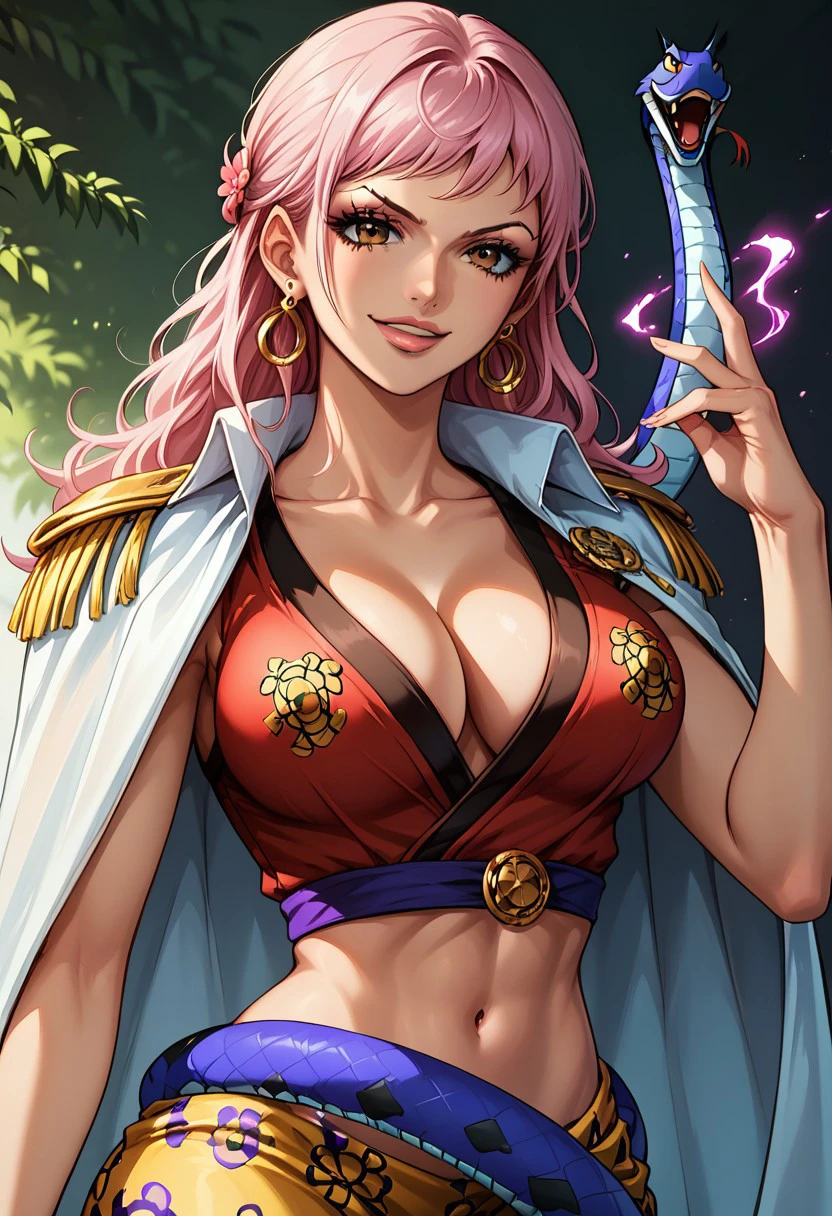 GloriosaOP, 1girl, solo, long hair, light pink hair, hair flower, earrings, brown eyes, lips, hair ornament, tall woman, beautiful woman, large breast, white cape, revealing dark red V-neck blouse, cleavage, bluse print, epaulettes, loose yellow sarong, wide hips, shoes, navel, midriff, groin, sash, sarong print, collarbone, snake,
seductive pose, sexy pose, tease, in the spotlight,,
smile, jojo reference,
score_9, score_8_up, score_7_up, beautiful aesthetic, very intricate, high quality details,vibrant, highly detailed, award-winning, professional,anime artwork, anime style, studio anime, athletic, curvy body, athletic girl, perky tits,large breast,perfect tits, round breasts, nipple outline,looking at viewer, pinup pose,teasing, dynamic lighting, cinematic, smug, better than you, aura of temptation, highly detailed, high resolution, masterpiece, detailed clothes, detailed background, highly detailed, ((sound effects)) comic layout,