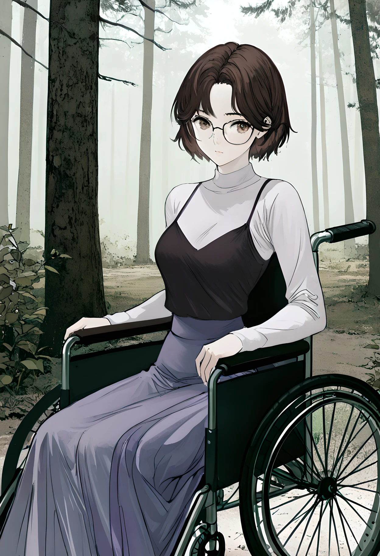 masterpiece, best quality, amazing quality, very aesthetic, absurdres, newest, 1girl, detailed face,
<lora:mon_monmon2133:0.8>
forest background, grey mist in background, outdoors,
<lora:olivia_illustr:1> 0l1v1a_f3ar, glasses, short hair, brown hair, brown eyes, long skirt, purple skirt, skirt, shirt, sweater, wheelchair,
sitting, legs together