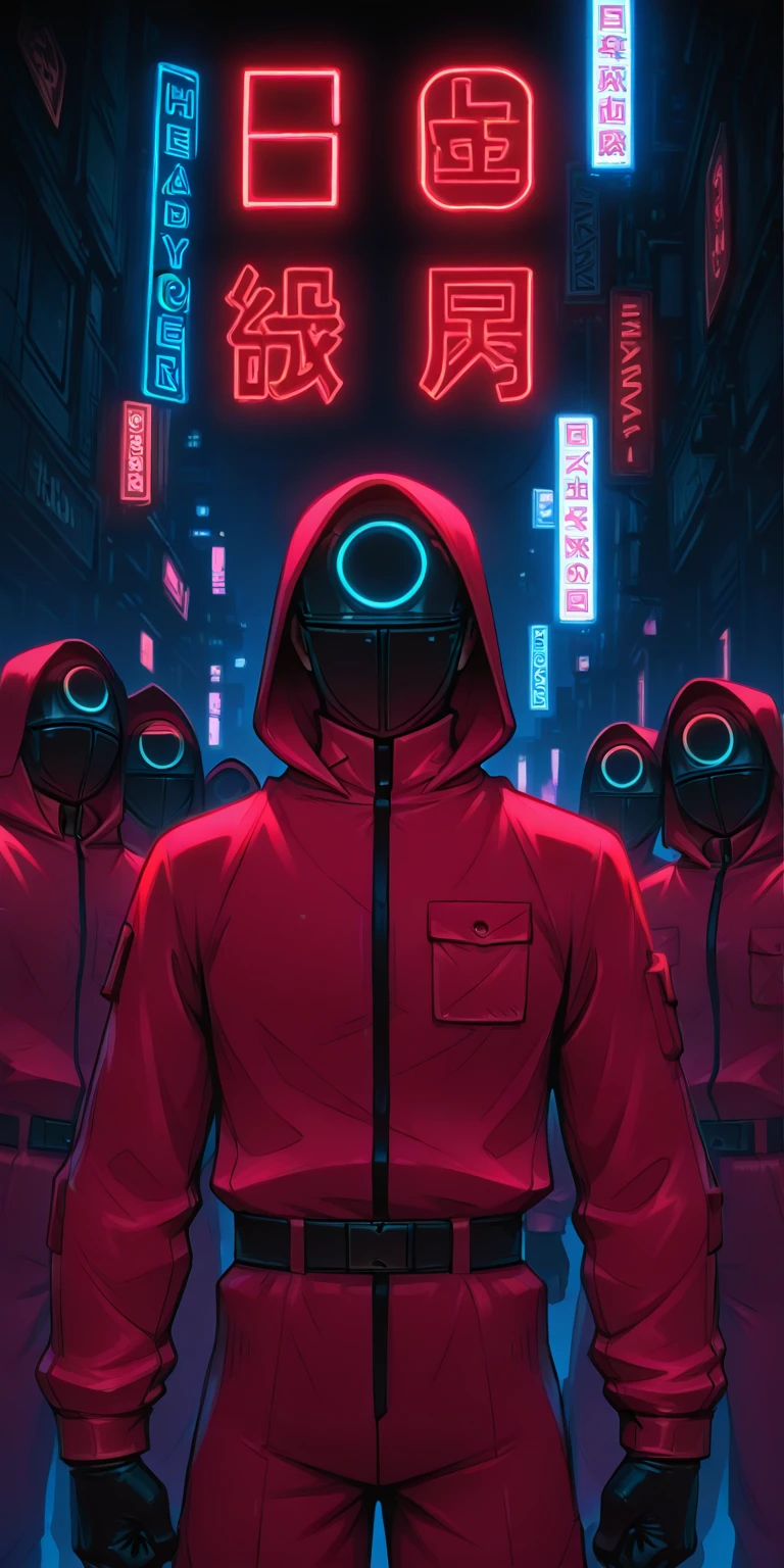 squidy_game, character, red jumpsuit, black gloves, hooded outfit, black belt, black mask with symbol, cyberpunk, neon lights, glowing effects, futuristic city, bold typography, glitch text, "NEW YEAR HAPPY ?", dramatic lighting, dark atmosphere,◯,✌️