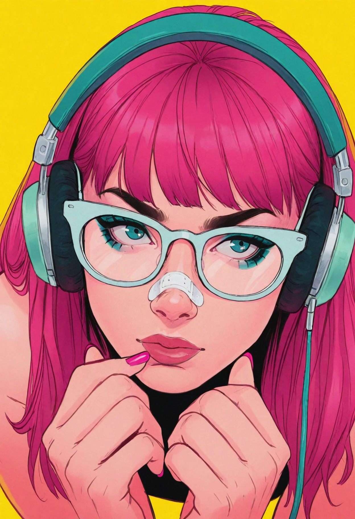 ne0npunk, 1girl, solo, headphones, glasses, bandaid on nose, nail polish, yellow background, best quality, masterpiece, <lora:NeonPunkIllustrious:0.8>
