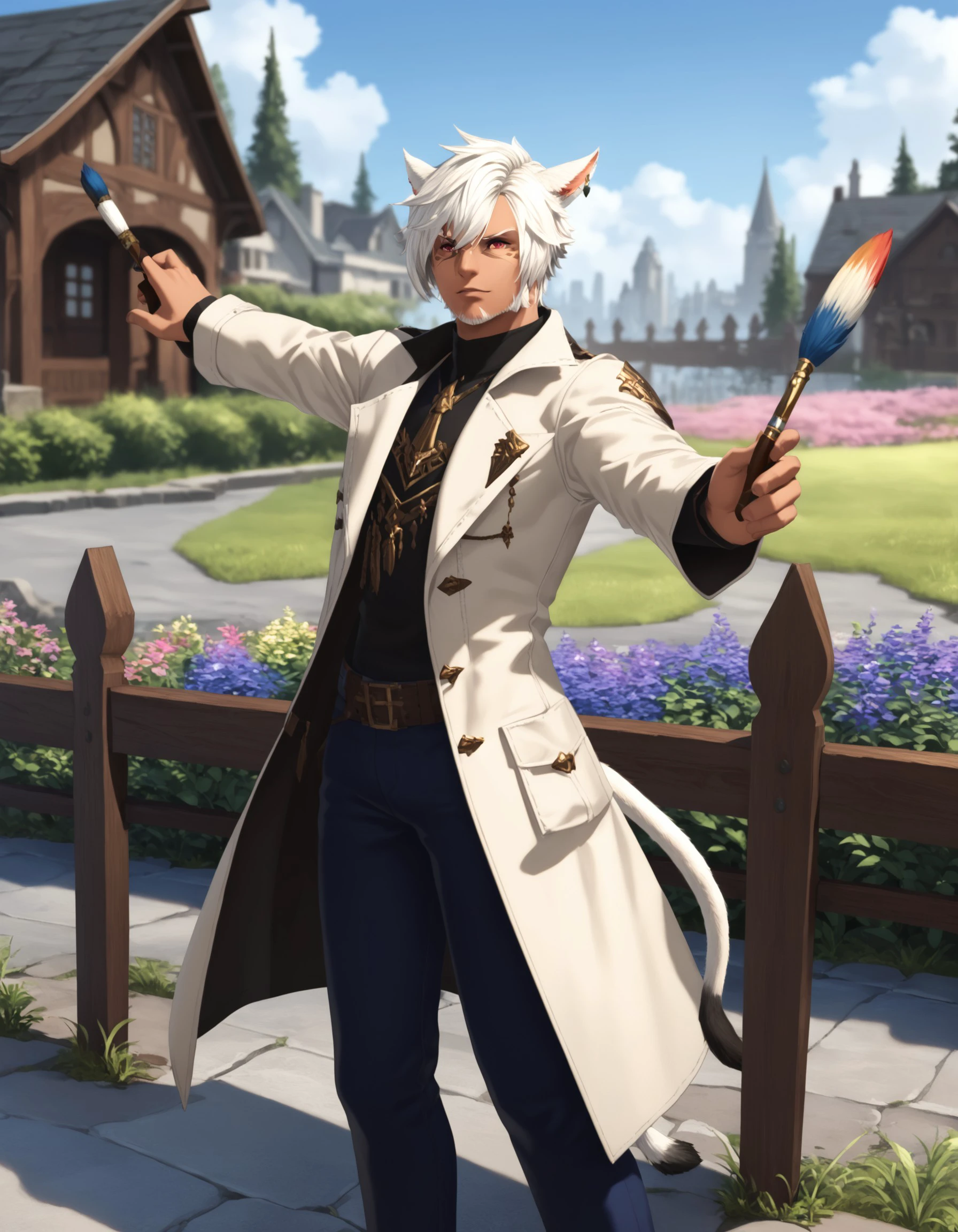 score_9, score_8_up, score_7_up, score_6_up, score_5_up, 3KK4T14, miqo'te, solo, animal ears, 1boy, cat ears, light blue trenchcoat, shirt, pants, red eyes, male focus, dark skin, outdoors, short hair, white hair, jewelry, paint smudges in the air, earrings, holding, cat tail, tail, dark-skinned male, standing, outstretched arm, large paintbrush, holding paintbrush, feet out of frame, day, fence, facial mark, pants, profile, from side, flower, <lora:05b4ee60-e7e4-4acf-8aa7-d7a6dc9f4242:0.7>