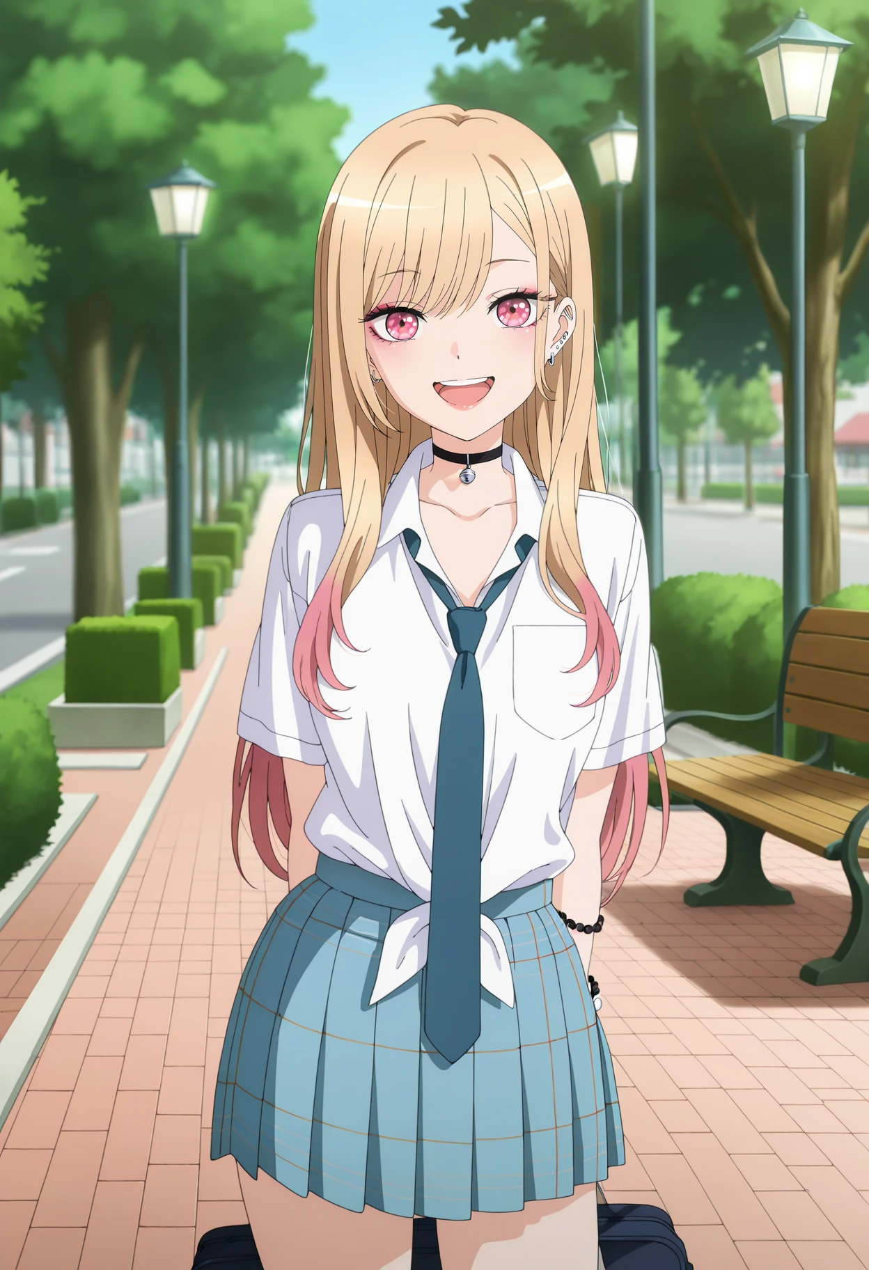 anime screencap, masterpiece, best quality,
<lora:SonoBisqueDoll_KitagawaMarin_IlluXL:0.9>,
1girl, solo, smile, upper teeth only,
long hair, swept bangs, multicolored hair, blonde hair, pink hair, multicolored eyes, ear piercing, earrings, pink nails, lips, makeup,
MarinSchool, black choker, neck bell, collared shirt, tied shirt, white shirt, short sleeves, loose necktie, blue necktie, bead bracelet, plaid skirt, blue skirt,
holding bag, school bag,
arms behind back, standing, looking at viewer, cowboy shot, thighs,
outdoors, street, park, bench, lamp, blue sky, tree, blurry background