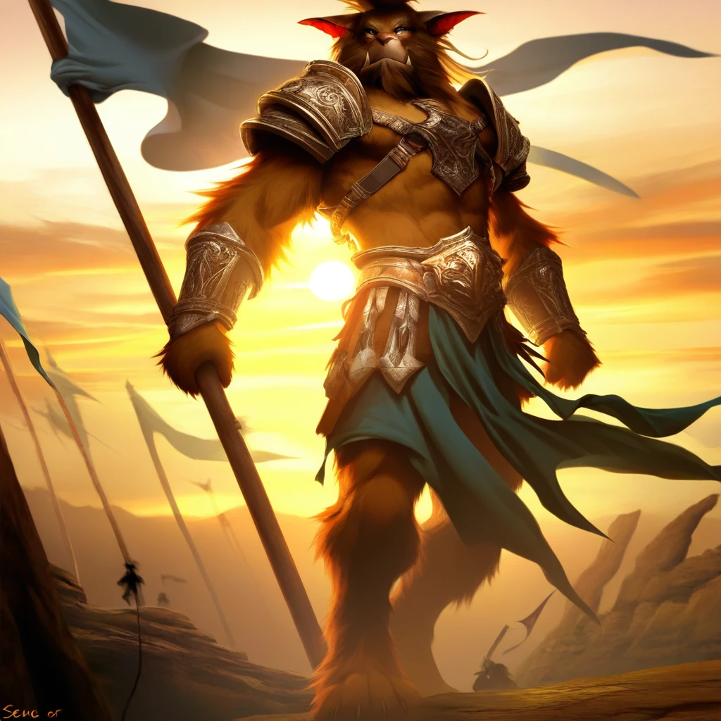buggies <lora:Bugbears - illustrious:1>, bugbear, sunrise backdrop, heroic pose, flag held high, golden lighting, cinematic wide-angle shot, detailed armor engravings, sense of triumph, vivid colors, epic composition