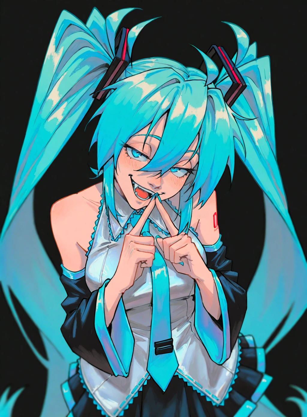 1girl, Sainttufa, hatsune miku, black background, touching tips of fingers, head tilt, hatsune miku outfit, bare shoulders, detached sleeves, aqua necktie, smirk, fangs, open mouth, dynamic angle, depth of field, cinematic, masterpiece, looking at viewer, best quality, good quality, newest, highres, absurdres, cowboy shot,  <lora:Sainttufa_IL_v1:1>,  <lora:il_saturation_slider_d1:-1>