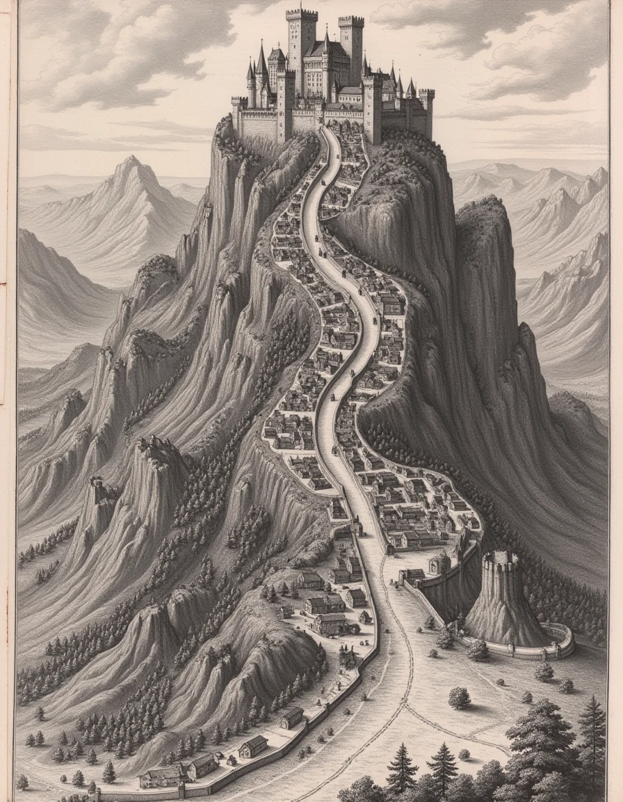 a dictymp map, a vintage cityscape engraving map, Mountainous Fortress City, A highly detailed bird's-eye view map of a medieval city strategically perched on a steep mountain range. The city is surrounded by thick stone walls with watchtowers, and a grand castle dominates the peak. Narrow, winding cobblestone streets weave through densely packed buildings, leading down to the valley below. The map includes lush evergreen forests at the mountain's base, jagged cliffs, and faint trails disappearing into the wilderness., <lora:city-maps_v12-000040:1>
