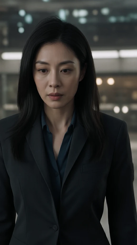 Sci-fi movie style. A futuristic cyberpunk-themed city serves as the backdrop. A full-body shot of a slender young Asian woman with long black hair, dressed in a black suit. She has the face of a Korean actress. She transforms into female Venom, extending her tongue to display her power. The camera slowly zooms in. High resolution, high quality, and ultra-high fidelity.