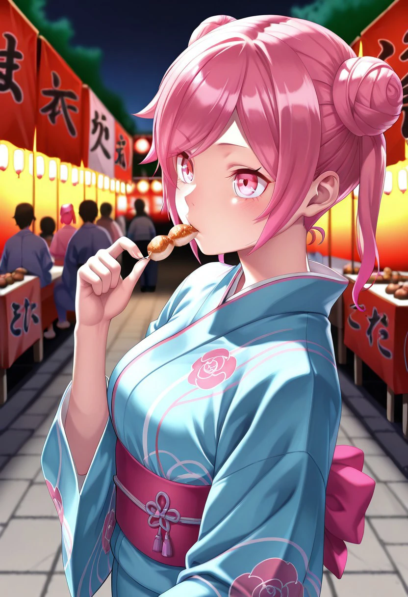 absurdres, 4k res, high quality, score_7_and_above, 1girl, solo, masterpiece,, akiho_rindou, pink hair, twintails, pink eyes, kimono, festival, blurry background, nightime, hair in a bun, food in hand