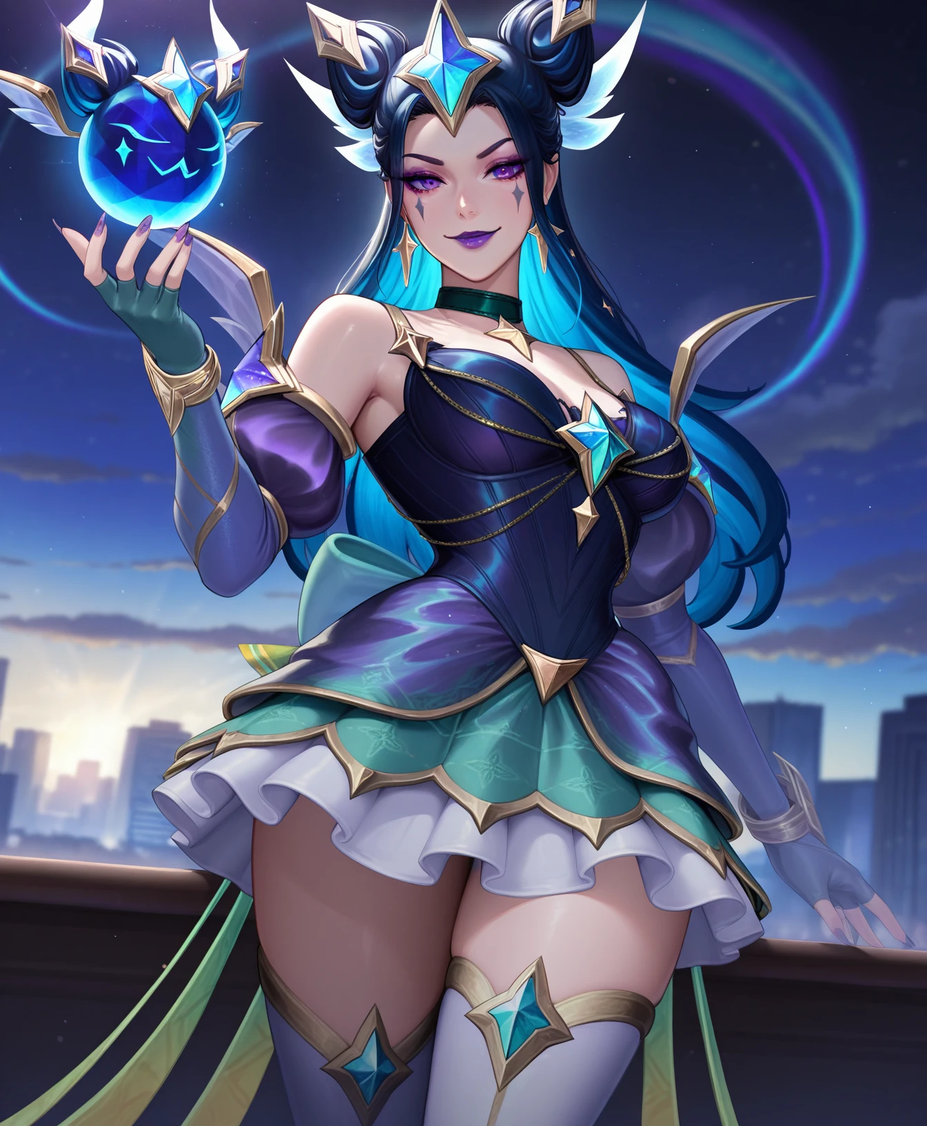 masterpiece, best quality, 1girl, solo,  <lora:Star_Guardian_Prestige_Syndra:1> ,sg_syndra_prestige, multicolored hair, purple eyes, purple eyeshadow, purple lipstick, facial mark, choker, earrings, dress, detached sleeves, fingerless gloves, purple fingernails, thigh high stockings, smile, teasing, looking at viewer,