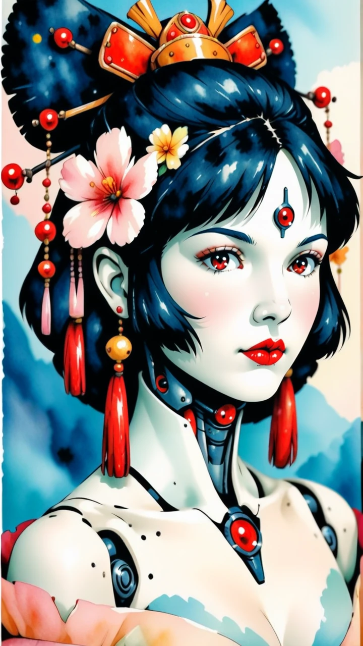 Jedwtrclr, studio ghibli,  Please creature me an ultra detailed image include a close up of a female cyborg with a face split in two pieces one half is a cyborg the other half is a geisha, <lora:Ghibliwatercolor-000004:1>,