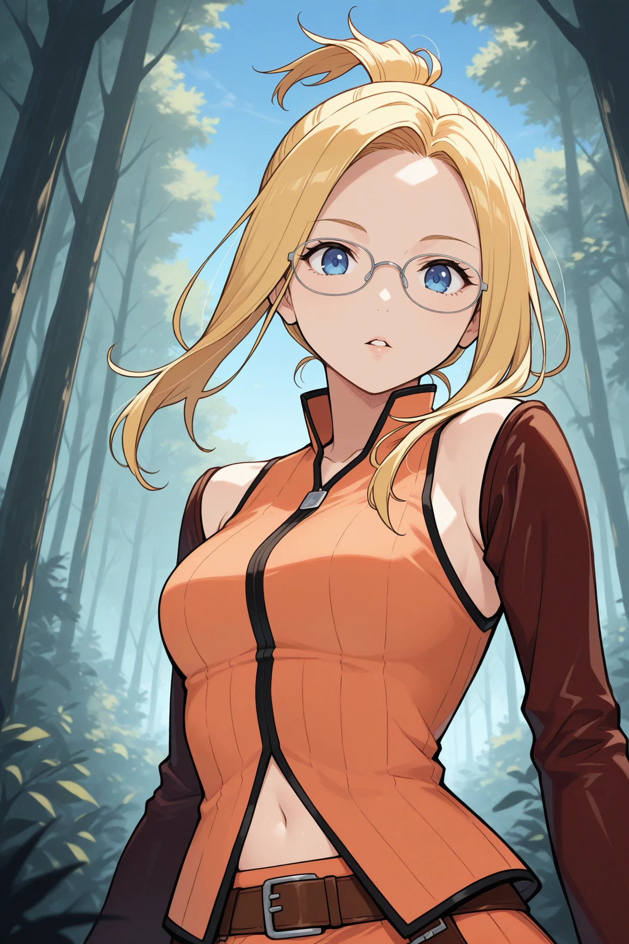 masterpiece, best quality, 1girl, solo, <lora:ffquistis-illu-nvwls-v1-000006:1> ffqsts, blonde hair, folded ponytail, blue eyes, glasses, detached sleeves, orange shirt, sleeveless shirt, navel, orange skirt, brown belt, gloves, upper body, looking at viewer, parted lips, forest, blue sky