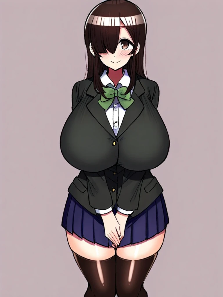 score_9, score_8_up, score_7_up,  
1girl, brown hair, long hair, hair over one eye, smile, blush, looking at viewer, own hands together, standing, simple background, black blazer, green bowtie, pleated skirt, thighhighs, solo,  huge breasts,