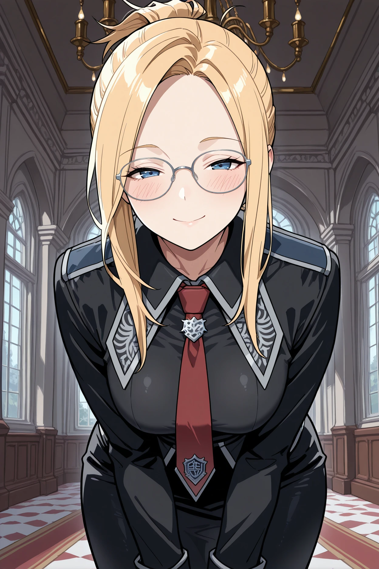 masterpiece, best quality, 1girl, solo, <lora:ffquistis-illu-nvwls-v1-000006:1> ffqsts, blonde hair, blue eyes, folded ponytail, blue eyes, glasses, collared jacket, black uniform, red necktie, black skirt, pencil skirt, looking at viewer, blush, half-closed eyes, leaning forward, mansion, chandelier, smile