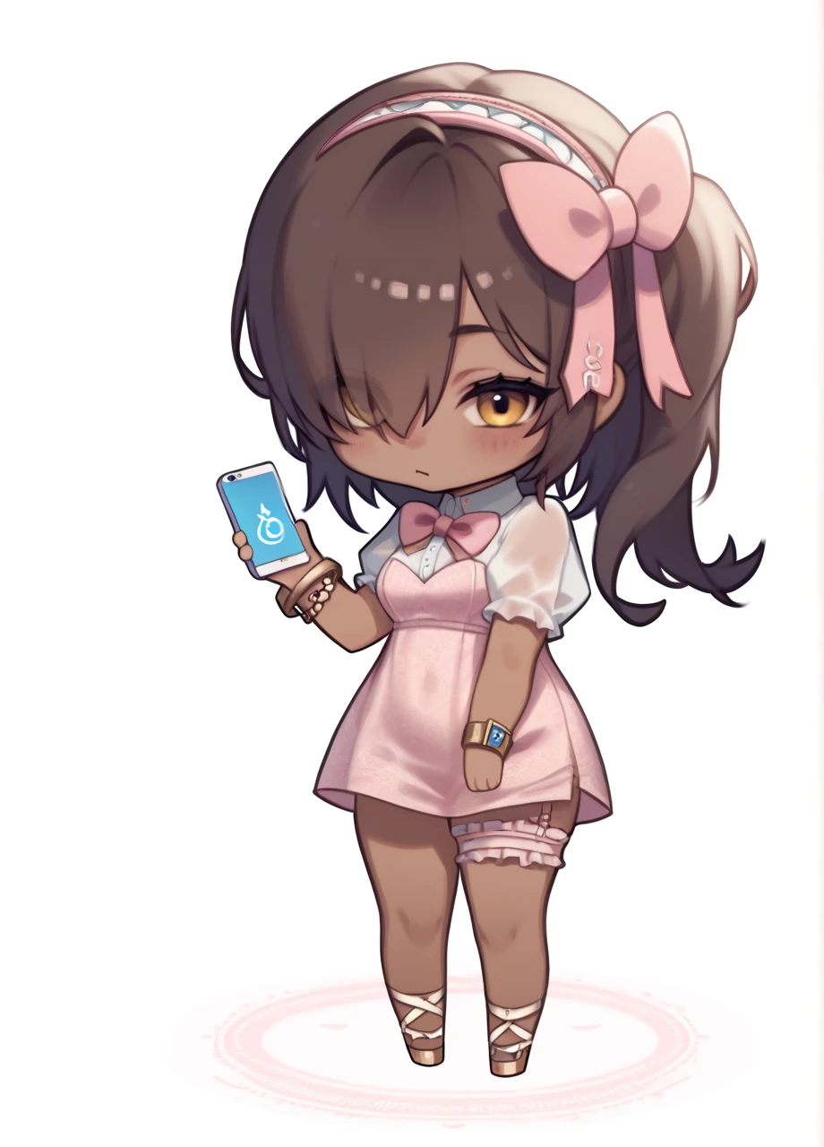 <lora:NIKKE_Naga-PONY:0.8> 1girl, solo, full body, chibi, white background, dark skin, yellow eyes, brown hair, side ponytail, hair over one eye, naganed, pink dress, puffy sleeves, hairband, thigh garter, bracelet, hair bow, bowtie, holding phone, see-through, score_8_up, score_7_up, score_6_up, score_5_up, score_4_up,