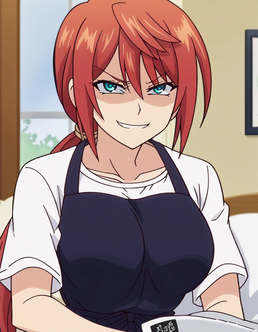 score_9, score_8_up, score_7_up, source_anime, <lora:hiyori-miyazaki-ova-ponyxl-lora-nochekaiser:1>, hiyori miyazaki, long hair, blue eyes, ponytail, low-tied ponytail, red hair, large breasts, mature female, anime screencap, shirt, white shirt, apron, black apron, pants, denim,, bedroom, bed, pillows, nightstand, window, , <lora:just-as-planned-ponyxl-lora-nochekaiser:1> just as planned, just as planned (meme), meme, death note (object), parody, evil grin, evil smile, smirk, shaded face,, looking at viewer, solo,, cowboy shot, solo