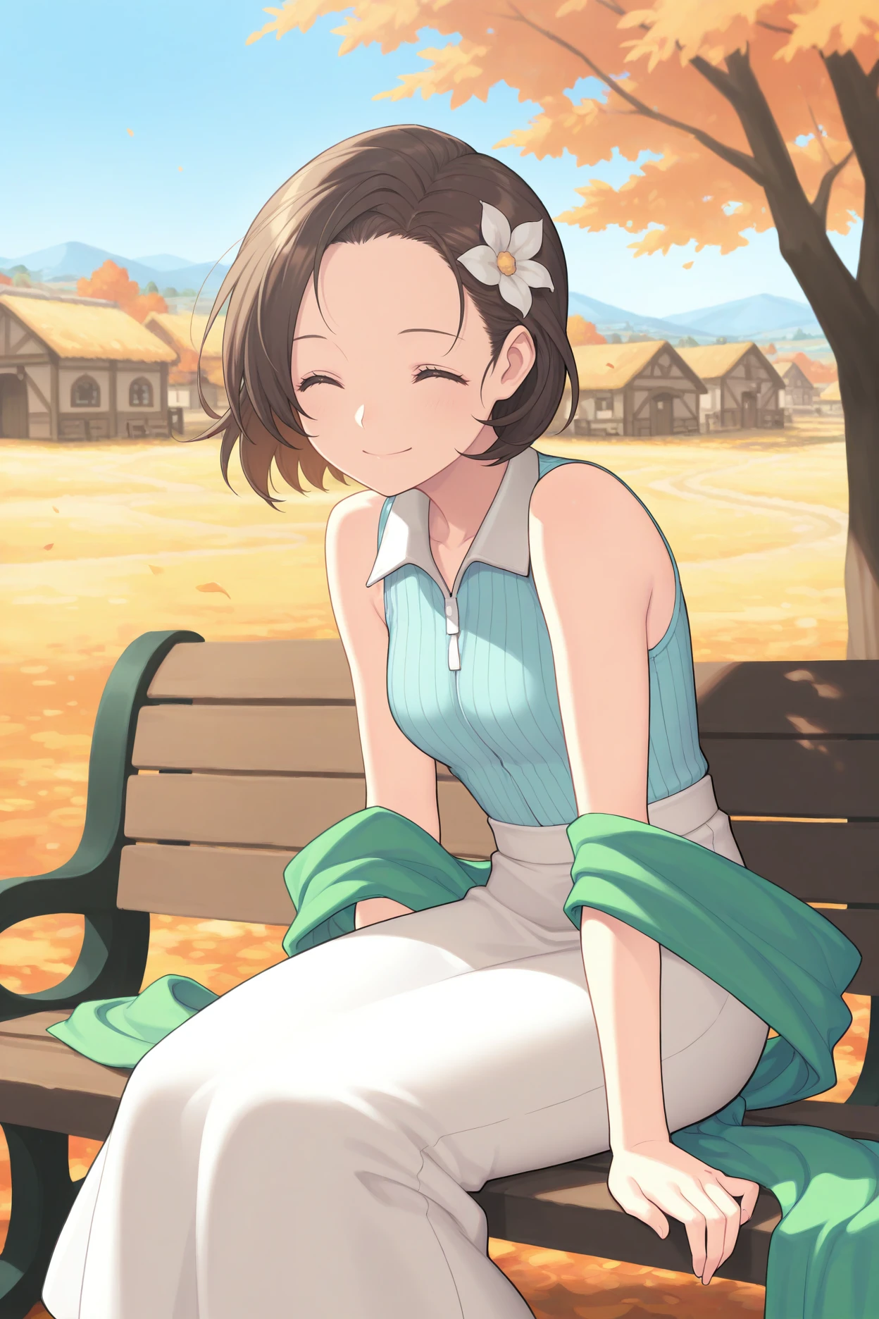 masterpiece, best quality, 1girl, solo, <lora:ffellone-illu-nvwls-v1-000007:1> ffell, brown hair, short hair, forehead, brown eyes, light blue shirt, ribbed shirt, sleeveless shirt, green shawl, white skirt, long skirt, sitting, closed eyes, smile, happy, hair flower, bench, village, autumn, blue sky