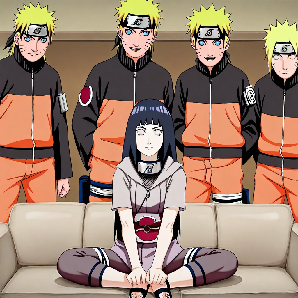 masterpiece, best quality, newest, absurdres, highres, anime, anime style, PiperPerriMemeIL-V1.0, BREAK 1girl, sitting, sitting on couch hinata_hyuuga, hinata/(naruto/), long hair, white eyes, black hair, BREAK multiple boys, standing, naruto/(naruto/), blonde hair, spiky hair, orange shirt,