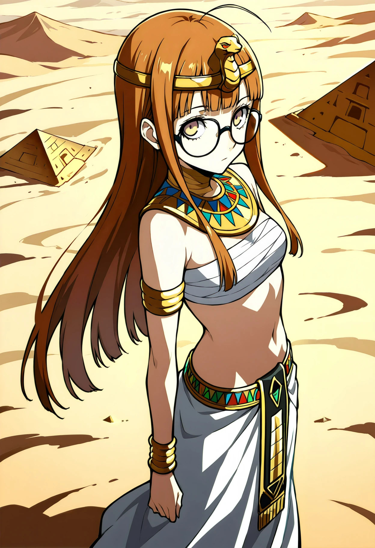 1 girl, solo, cute face,
p5futaba, sakura futaba, long hair, glasses, blunt bangs, orange hair, ahoge
p5futaba-cognitive,( yellow eyes:1.2), jewelry, navel, midriff, sarashi, armlet, skirt, bandages, bracelet, long skirt, egyptian clothes, egyptian, usekh collar, headdress, bandaged chest, pelvic curtain, bare shoulders, headdress, bare feet,
desert, pyramid, looking at viewer, expressionless, high angle, from side,
masterpiece, best quality, ultra detailed, thin outlines