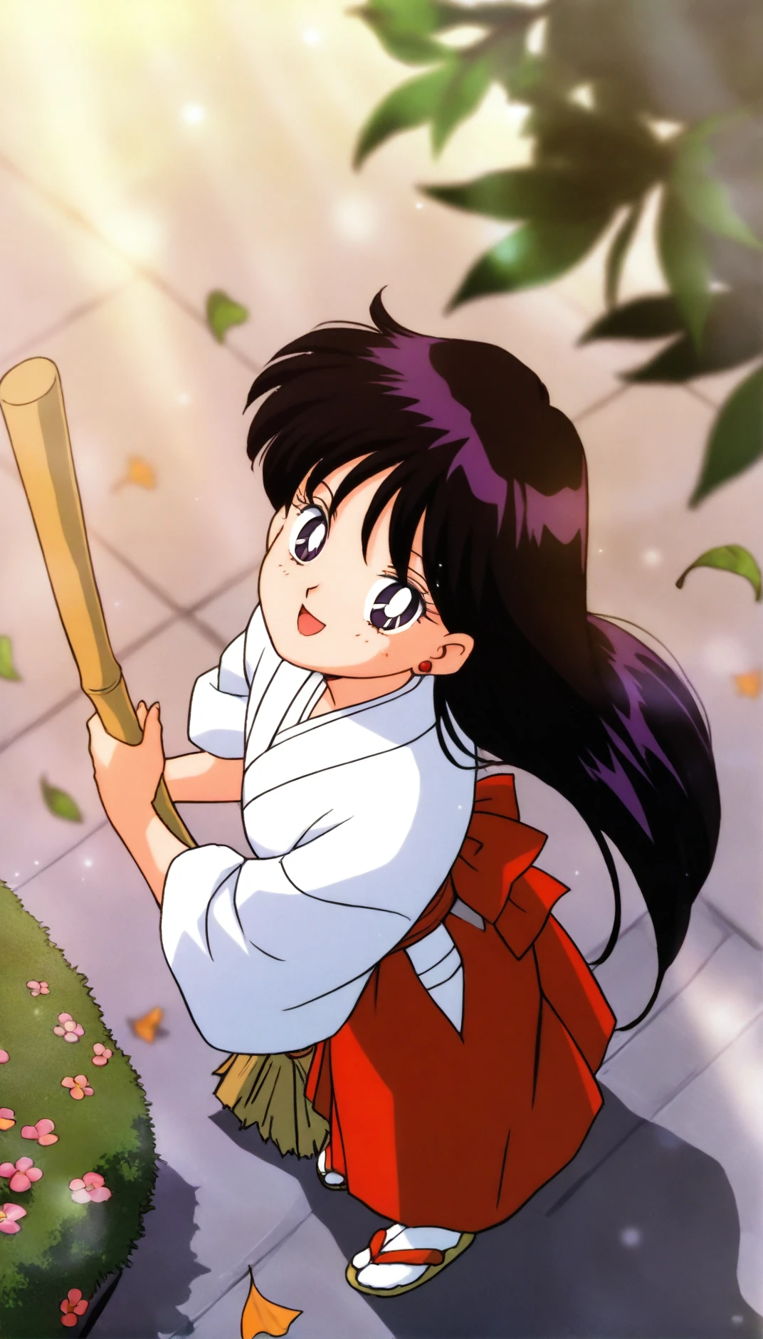 masterpiece,best quality,amazing quality,
<lora:hinoreiIL:1>,sailormarshinorei,
1girl,solo,
black hair,long hair,bangs,
purple eyes,looking at viewer,open smile,
white robe,red hakama,white tabi,yellow sandals,
full body,from above,standing,leaning aside,holding broom,
blurry background,depth of field,soft lighting,light particles,vignetting,
courtyard,grass,flower,morning,sunlight,falling leaves,
