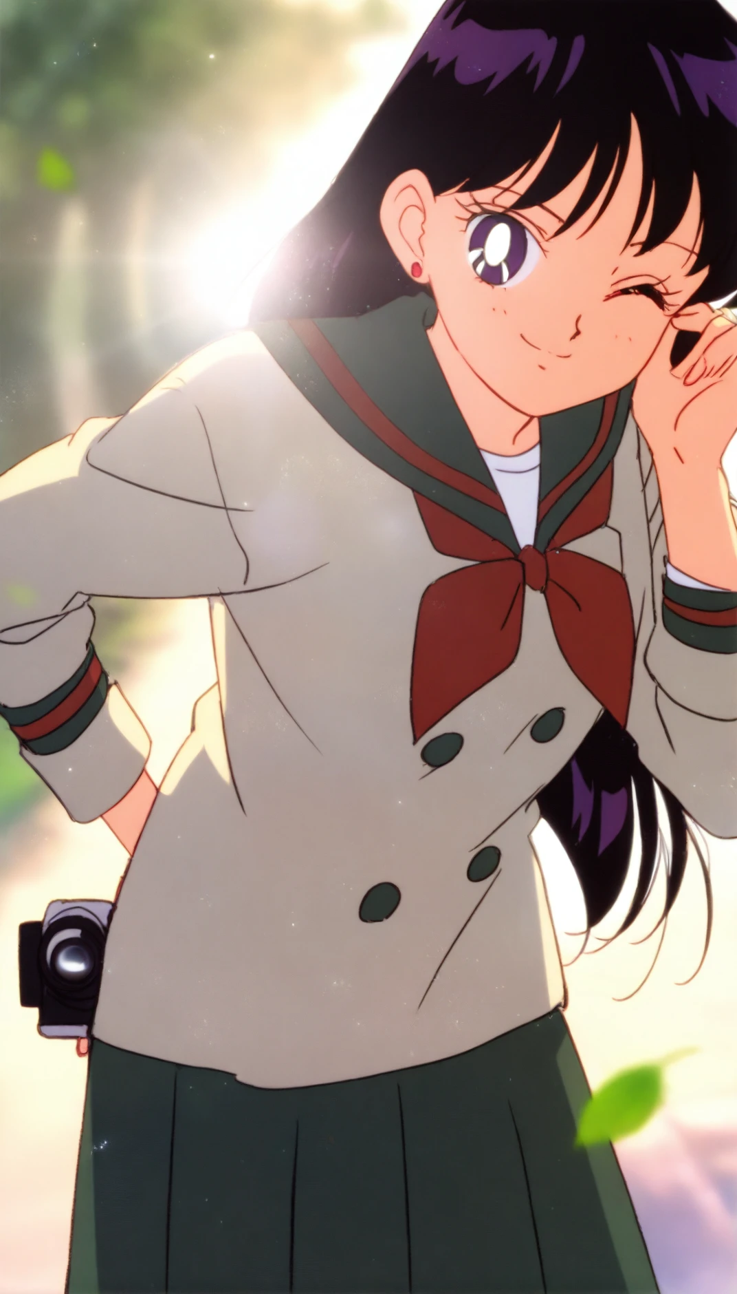 masterpiece,best quality,amazing quality,
<lora:hinoreiIL:1>,sailormarshinorei,
1girl,solo,black hair,long hair,bangs,purple eyes,looking at viewer,one eye closed,naughty face,smile,white shirt,long sleeves,red bow tie,close-up,leaning forward,toward camera,
blurry background,depth of field,soft lighting,light particles,vignetting,
street,early morning,sunlight,falling leaves,