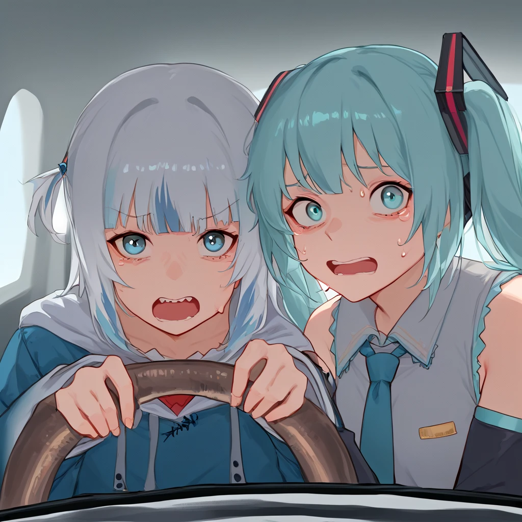 score_9, score_8_up, score_7_up, highres, 2girls, power crashes kobeni's car (meme), car interior, holding, steering wheel, look at viewer, crying with wide eyes open, nervous sweating, from front
BREAK
gawr gura, blue hoodie, two side up, shark hair ornament, shark tail, <lora:guraXL:1>
BREAK
1girl, hatsune miku, aqua eyes, aqua hair, long hair, twintails, sleeveless shirt, necktie, hair ornament, grey shirt, plaid skirt <lora:power_crashes_car_meme_PONY:1>