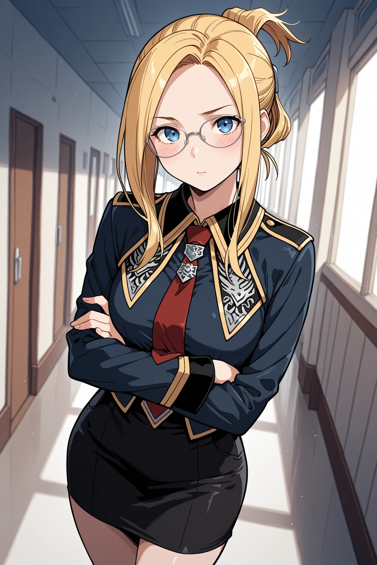 masterpiece, best quality, 1girl, solo, <lora:ffquistis-illu-nvwls-v1-000006:1> ffqsts, blonde hair, folded ponytail, blue eyes, glasses, collared jacket, black uniform, red necktie, black skirt, pencil skirt, hallway, looking at viewer, crossed arms, blush