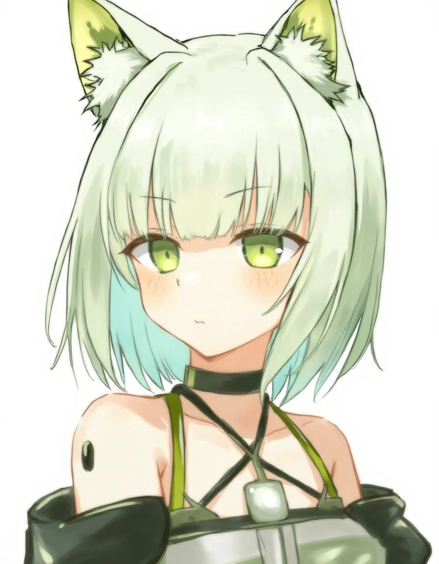 <lora:kaltsit-from-arknights-fluxv1:1> Kaltsit
Kaltsit has light green or bluish short hair with soft bangs and integrated cat ears. She has striking green or yellow eyes and fair, glowing skin. Her expression is serious, intense, and melancholic, often conveying strength and hidden vulnerability.