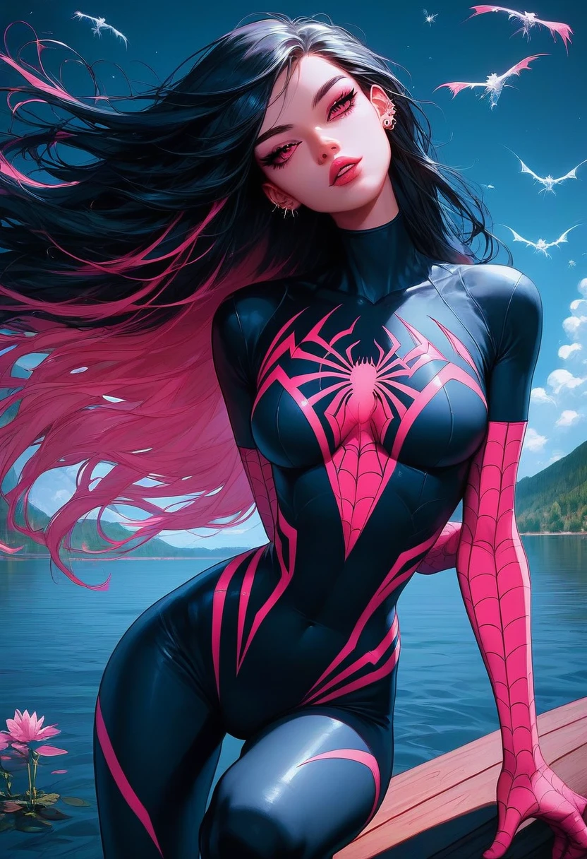 Full body photo of female Spiderman, atmospheric scene, (1girl, detailed beautiful face, big, breasts, big butt, detail skin texture, ultra-detailed body:1.1), rear view, masterpiece, best quality, UHD, masterpiece, super detail, high details, high quality, award winning, best quality, highres, 16k