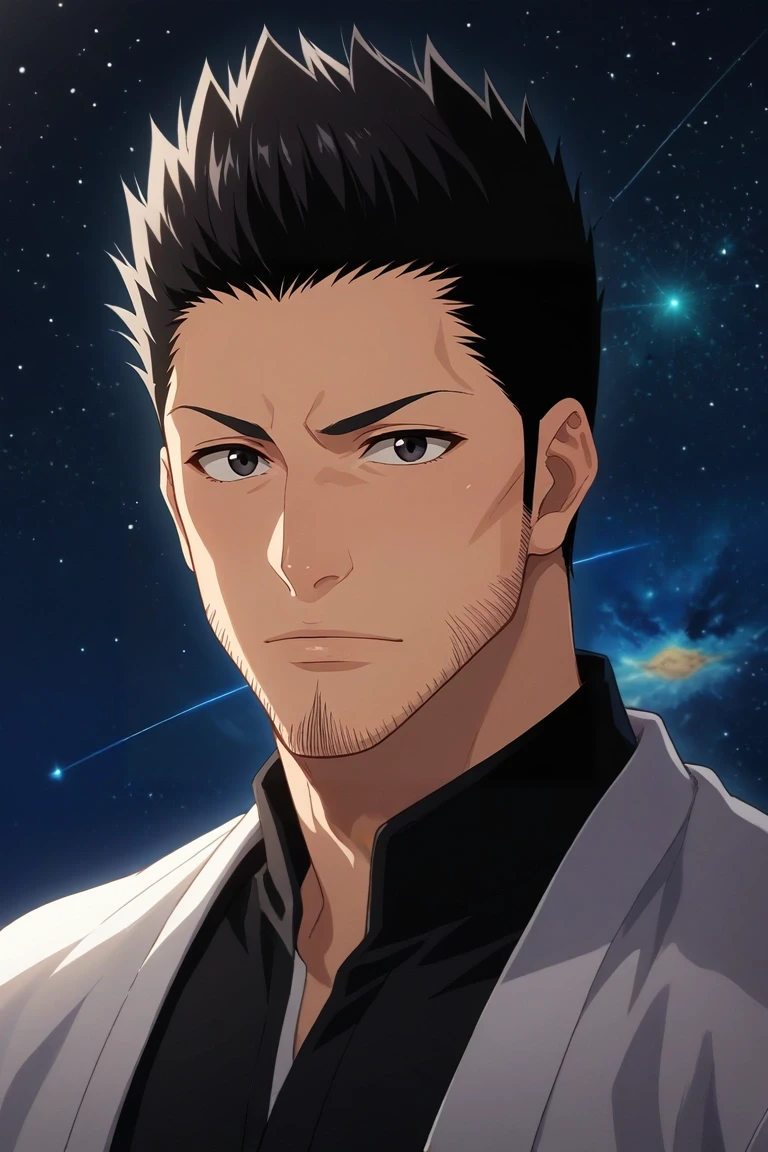 score_9, score_8_up, score_7_up, source_anime, rating_safe, intricate details, , looking at viewer, 1boy, solo, male focus, <lora:isshin_kurosaki_pony:0.9>, isshin_kurosaki, black hair, black eyes, short hair, spiked hair, facial hair, stubble, beard, space station, earth view, star field, observation deck, floating pose, peaceful expression, space lighting, , <lora:sdxl_lightning_8step_lora:1>