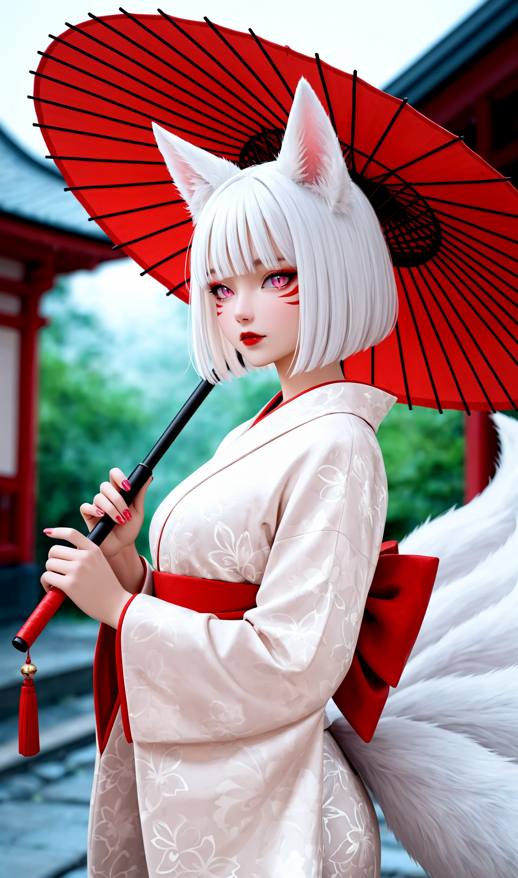 Alone,tmasterpiece,Best quality at best,ctextured skin,super detailing,ultra - detailed,A high resolution,8K,Focus sharp.1 Sister,girl fox,shaggy,Delicate fur，White hair，Red clothes，ancient wind。adolable。Q version。