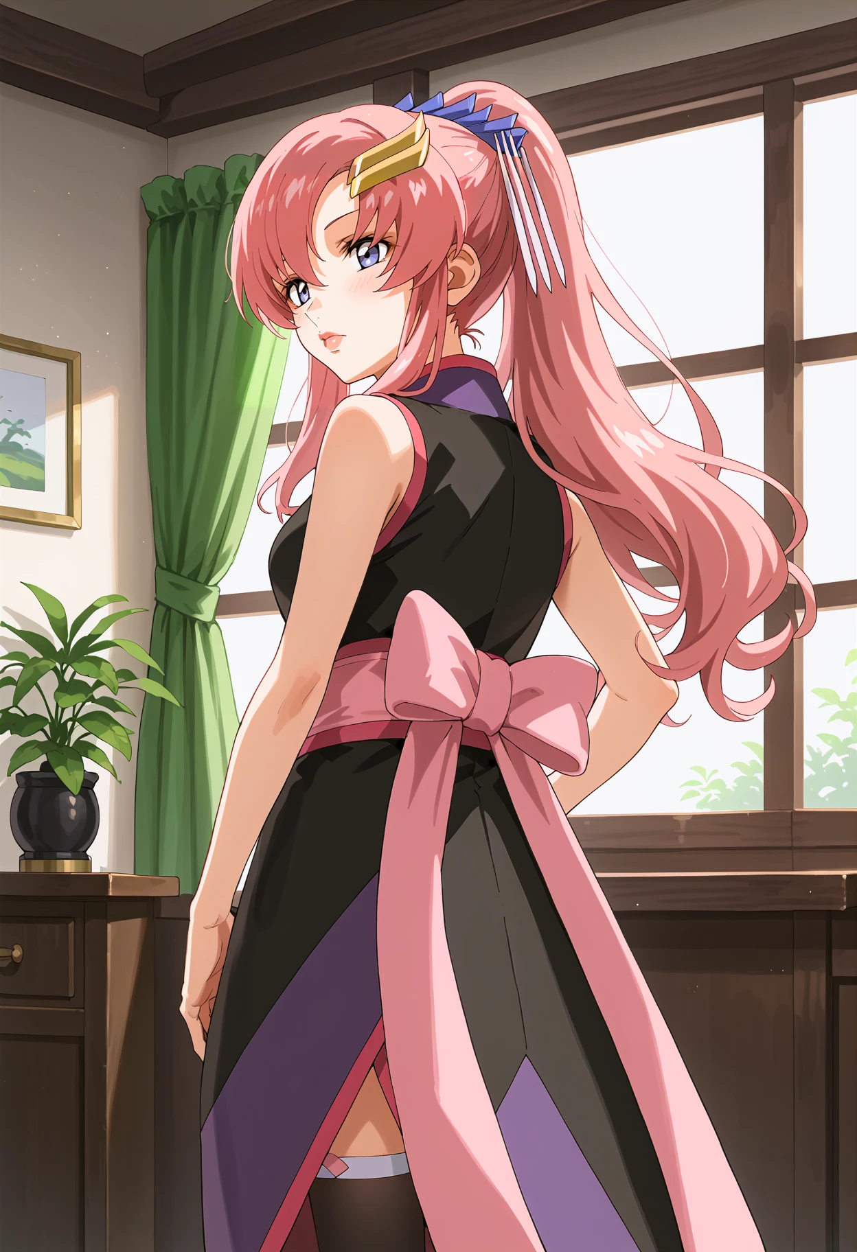 score_9, score_8_up, score_7_up, source_anime, rating_safe <lora:lacus_c_pony-000008:0.9> lacus_c, 1girl, anime coloring, solo, long hair, high ponytail, pink hair, hair ornament, hair ribbon, hair between eyes, purple eyes, lipstick, black sleeveless kimono, sash, black thighhighs, medium breasts, blush, looking back, hand on own hip, pink bow, back, from behind, pink bow, indoors, window, curtains,