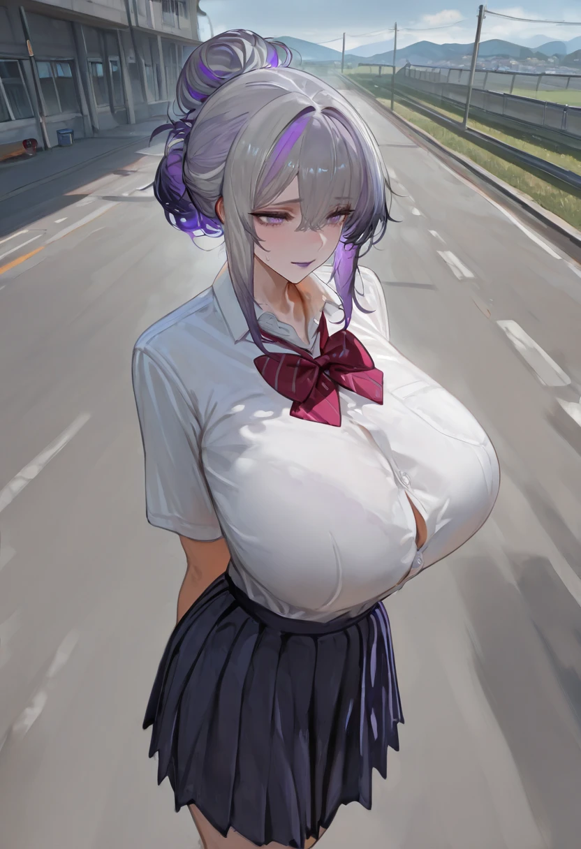 masterpiece, best quality, amazing quality, very aesthetic, absurdres, newest,
1girl, solo, detailed face, perfect face, school uniform, outdoors, school yard, from above, arms behind back, action shot, cinematic, <lora:Sivka-IL:1> sivka, gigantic breasts, multicolored hair, grey hair, purple hair, purple eyes, purple lips, kincora