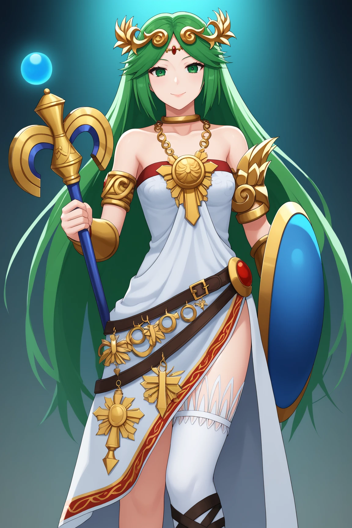 score_9, score_8_up, score_7_up, source anime, prefect lighting, very aesthetic, BREAK, anime coloring, anime screencap,
 <lora:palutena_v1-ponyv6:1>, 1girl, palutena, green eyes, green hair, parted bangs, long hair, 
paluout, laurel crown, white dress, strapless dress, bare shoulders, collarbone, neck ring, pendant, necklace, armlet, belt, side slit,  white thighhighs, single thighhigh, mismatched footwear,
BREAK, looking at viewer, smile, holding staff, shield, 
BREAK,