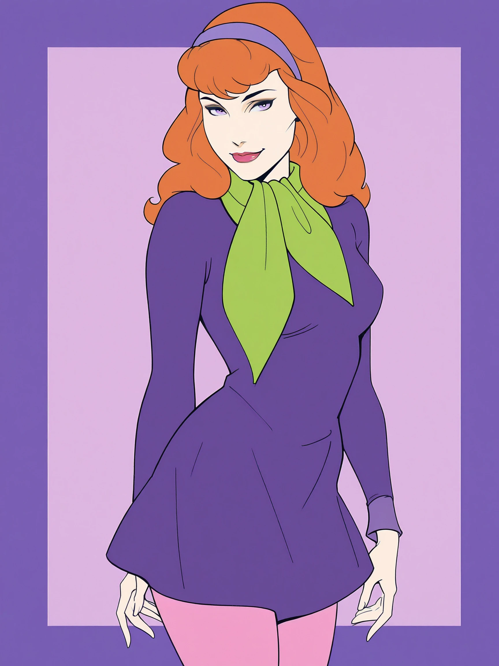 masterpiece,best quality,flat colors
nagelill, purple background, border, 
daphneb, 1girl, solo, long hair, hairband, orange hair, purple dress, purple eyes, green scarf, smile, pink pantyhose, lipstick, looking at viewer, breasts, purple hairband, makeup,cowboy shot, 
 <lora:NAs:1> ,<lora:DaphneMIIllustrious1.0JLFO:0.6>